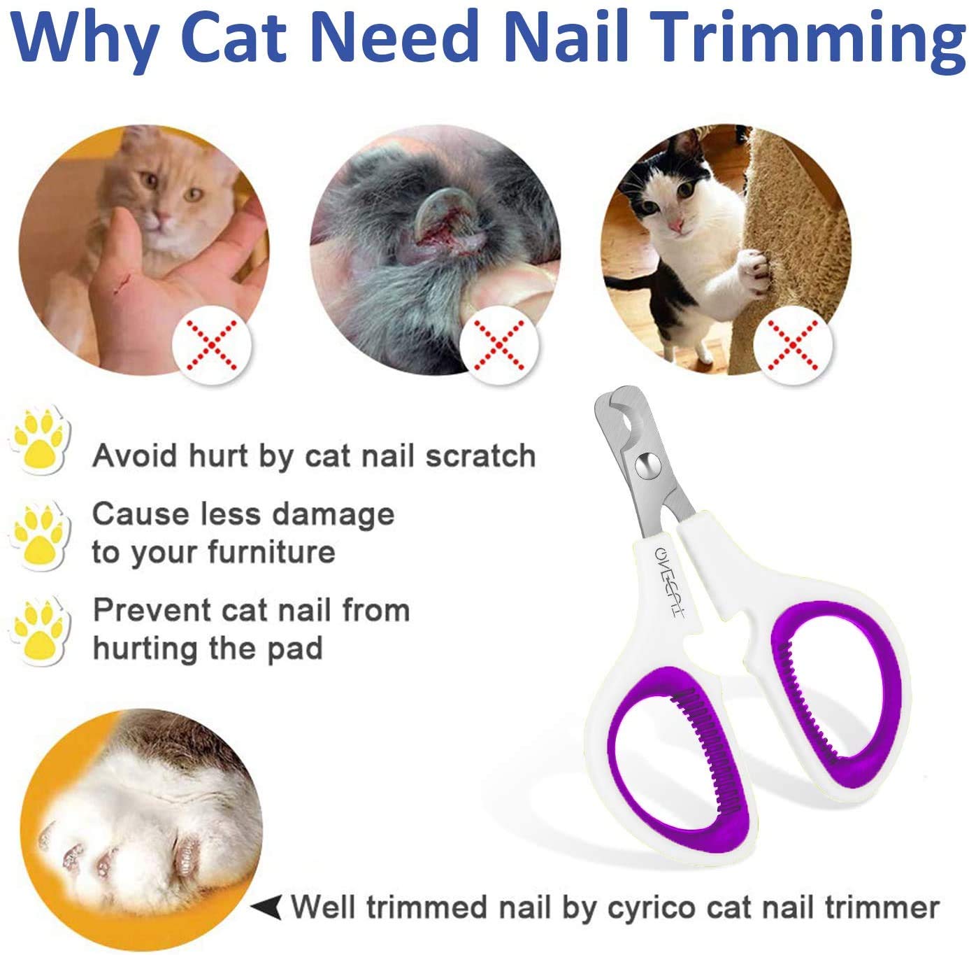 Onecut Pet Nail Clippers, Update Version Cat & Kitten Claw Nail Clippers For Trimming, Professional Pet Nail Clippers Best For A Cat, Puppy,Rabbit, Kitten & Small Dog,Sharp & Safe (Purple)