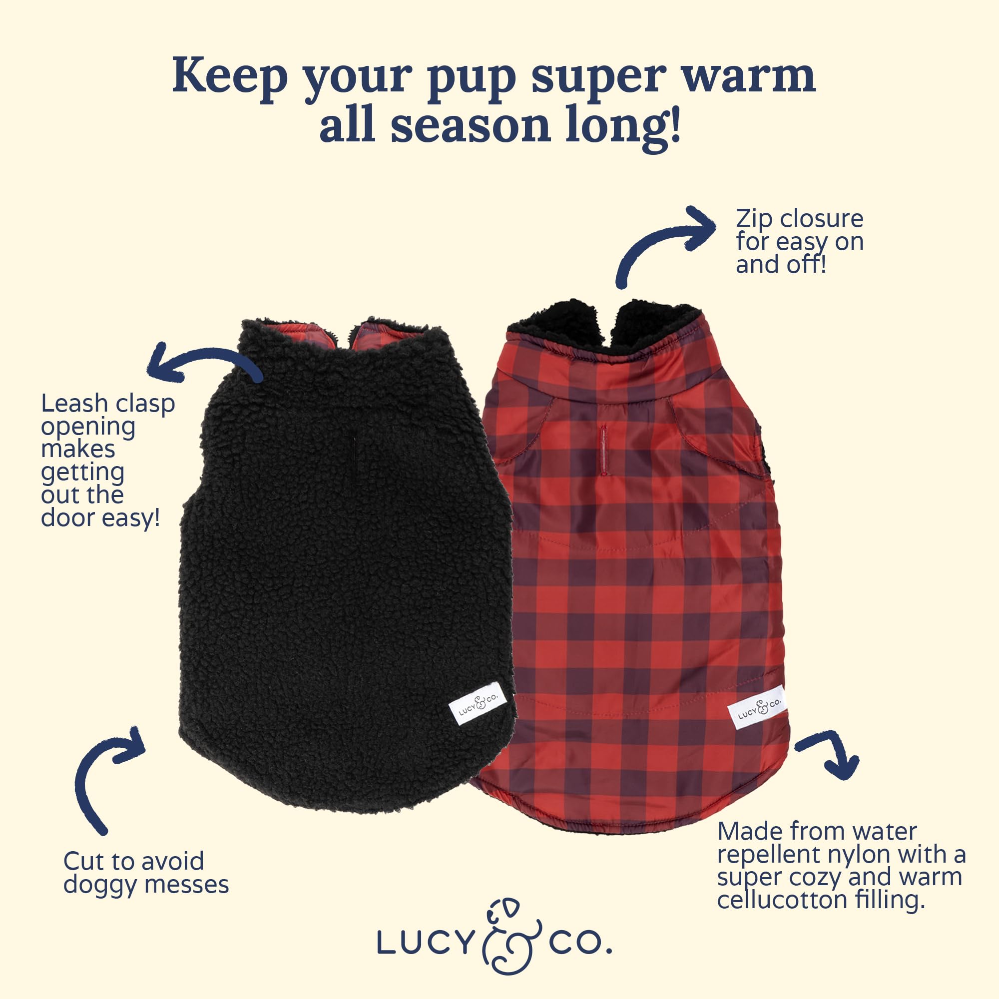 Lucy & Co. The Holly Jolly Reversible Teddy Puffer Vest (Pets) For Small Dogs, Medium Dogs And Large Dogs - Large - Red Black Te