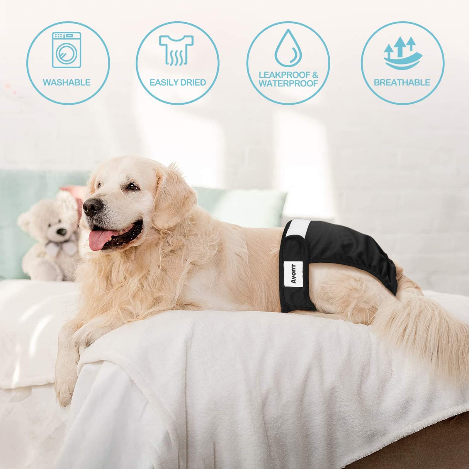 Avont Washable Dog Diapers - Large (18"-24" Waist), Black, Highly Absorbent Polyester, Durable Doggie Diaper Wrap - Model AT-08362435