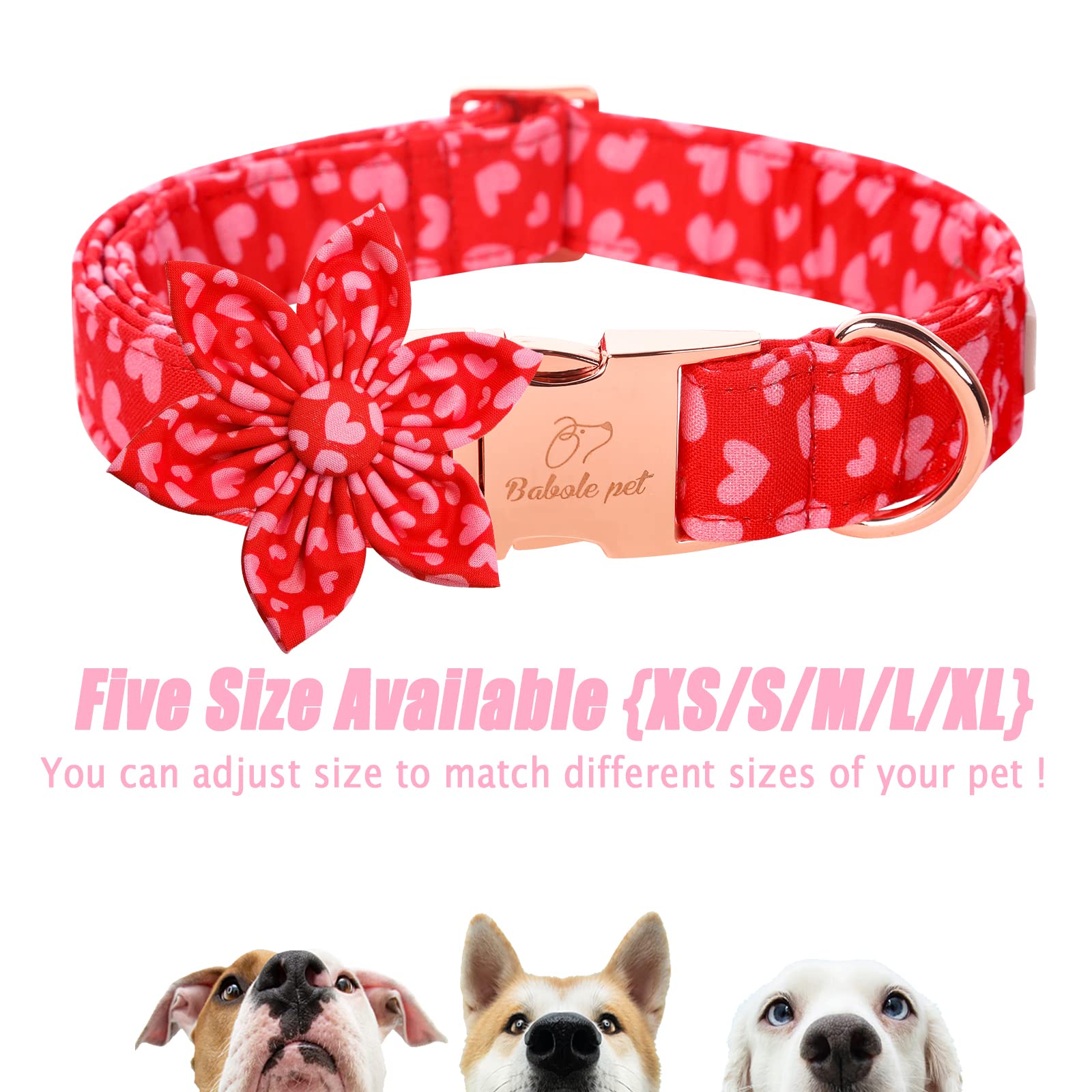 Babole Pet Valentine'S Day Dog Collar With Flower Tie, Pink Red Love Male Dog Collar With Safety Metal Buckle Adjustable Puppy Collars For Small Medium Large Boy & Girl Dog,Xl-Neck 16'-26'