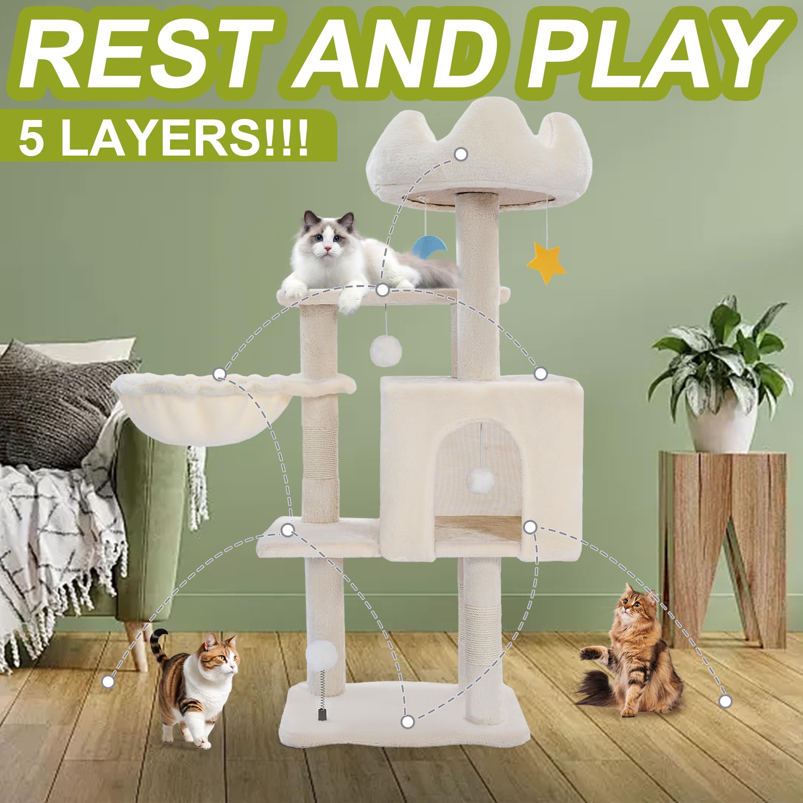 Cat Tree Tower With Metal Frame Hammock, 40'' Cat Trees For Indoor Cats Large Adult, Cat Towers With Scratching Post, Cats Condo