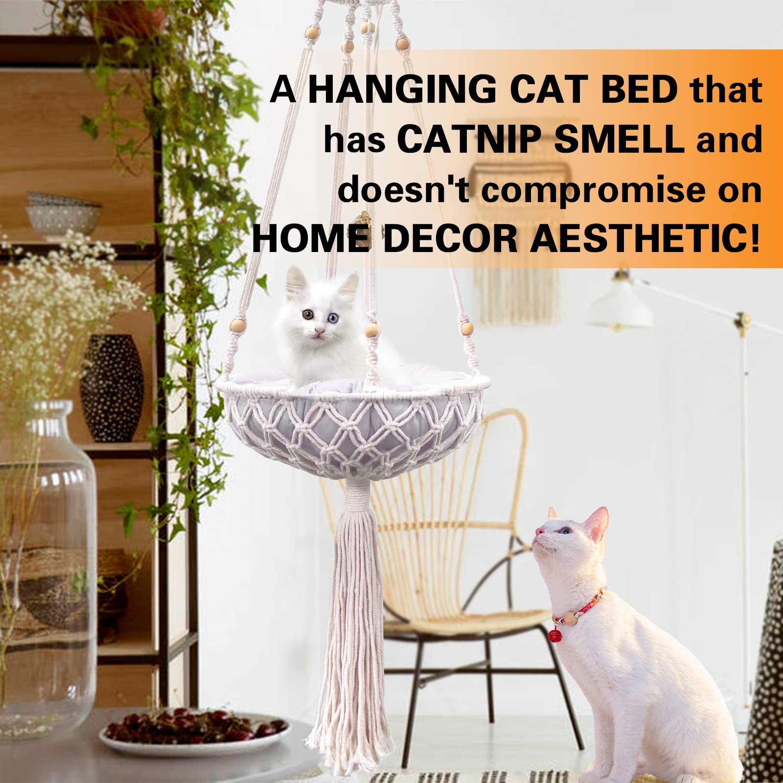 Vaescol Macrame Hammock, Handwoven Boho Cat Swing With Hanging Kit For Indoor Outdoor Home Decor Hang On Wall Bed For Sleeping, Playing, Climbing And Lounging