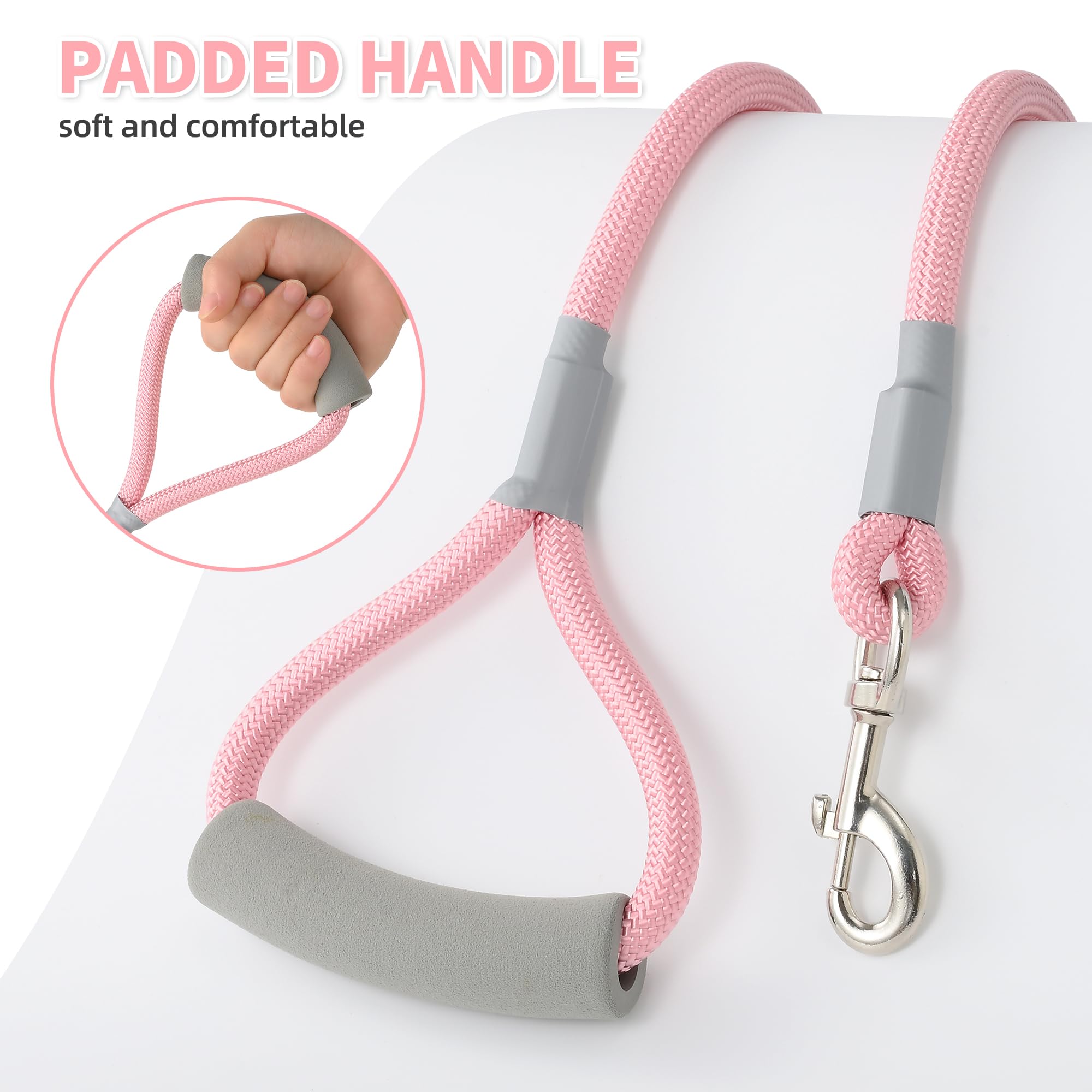 Mile High Life Dog Leash, With Comfortable Padded Handle, Pink Nylon Rope Leash With Steel Tips, Heavy Duty 6 Feet Pet Leashes (
