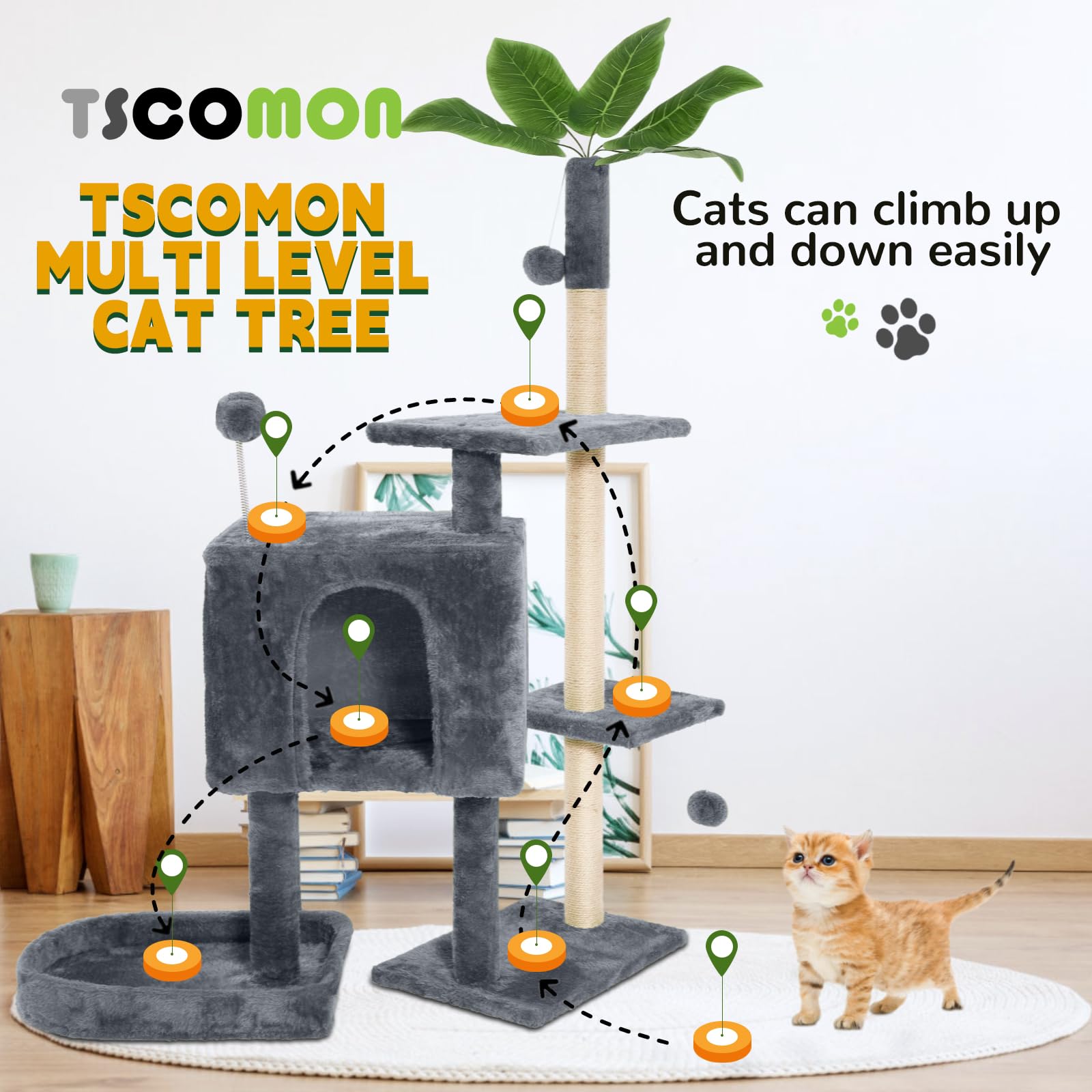 TSCOMON 52 Cat Tree Cat Tower for Indoor Cats with Green Leaves, Multi-Level Cozy Plush Cat Condo Cat House Scratching Posts for
