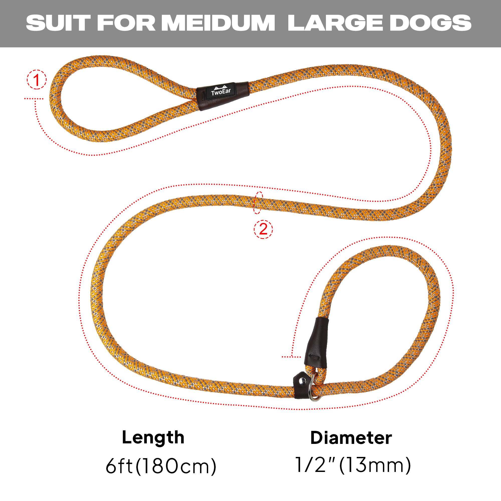 Twoear Dog Leash Dog Slip Rope Leash 1/2' X 6Ft Dog Training Leash Heavy Duty Strong Slip Lead Highly Reflective Threads For Small Medium And Large Dogs(Orange)