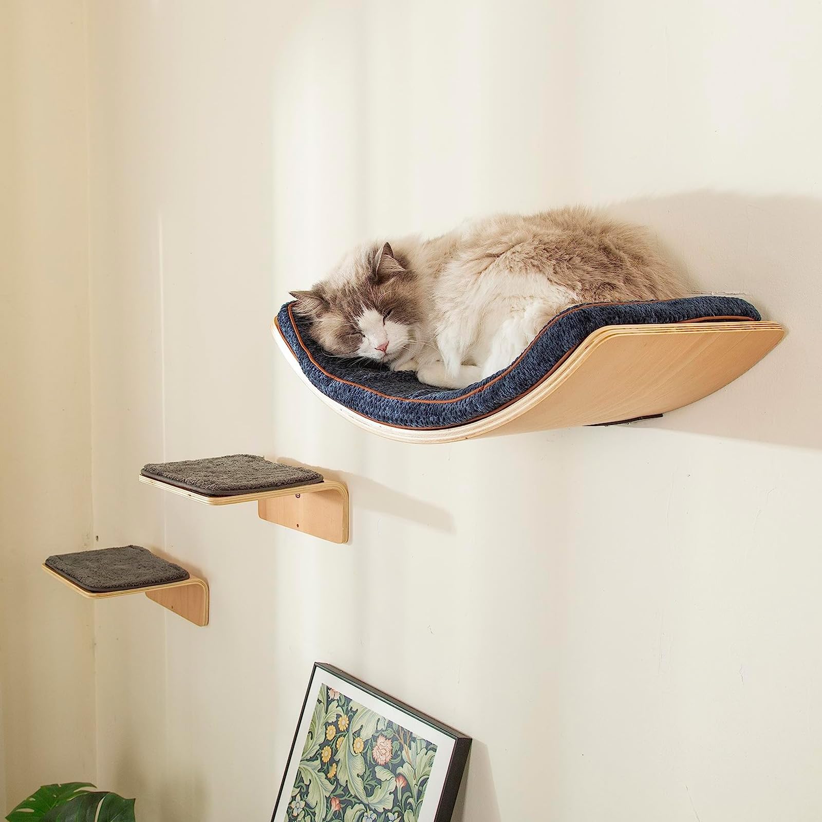 Liorce Cat Wall Shelf With Two Steps - Wave Cat Shelves And Perches For Wall - Wall Mounted Cats Furniture For Sleeping, Playing