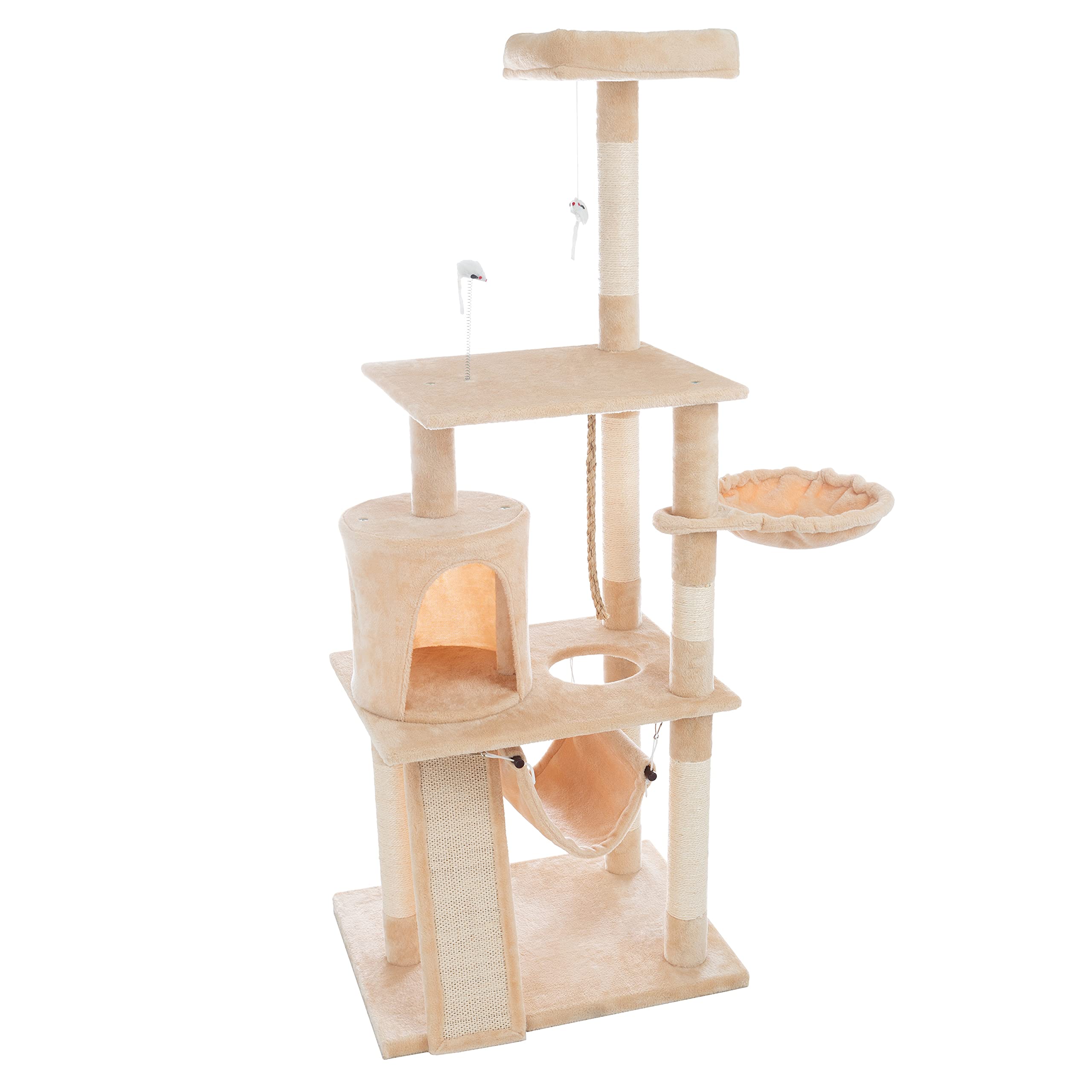4-Tier Indoor Cat Tower - Deluxe 6-Post Scratcher with Board, Napping Perches, Sleeping Condo, Hammocks, and Hanging Toys for Ca