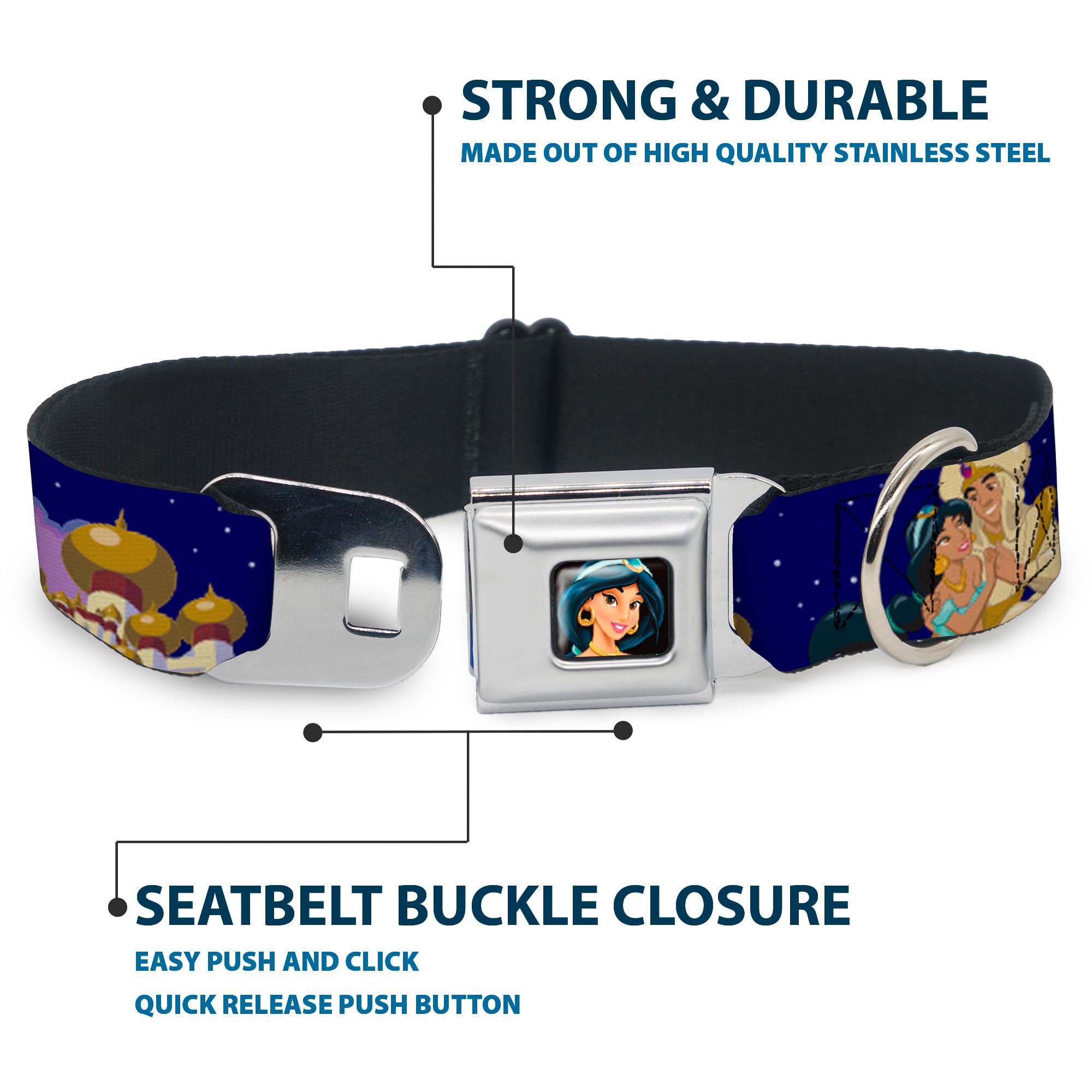 Buckle-Down Seatbelt Buckle Dog Collar - Aladdin & Jasmine Magic Carpet Ride Scenes - 1.5'' Wide - Fits 13-18'' Neck - Small