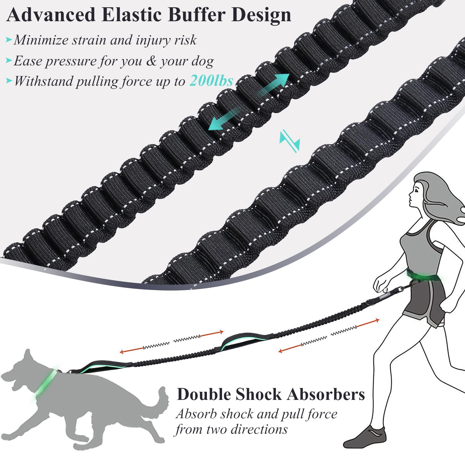Vivaglory Hands Free Dog Leash With Dual Advanced Anti-Shock Bungees And Padded Handles, Reflective Waist Running Leash With Adjustable Belt For Medium Large Dogs, Black/Turquoise