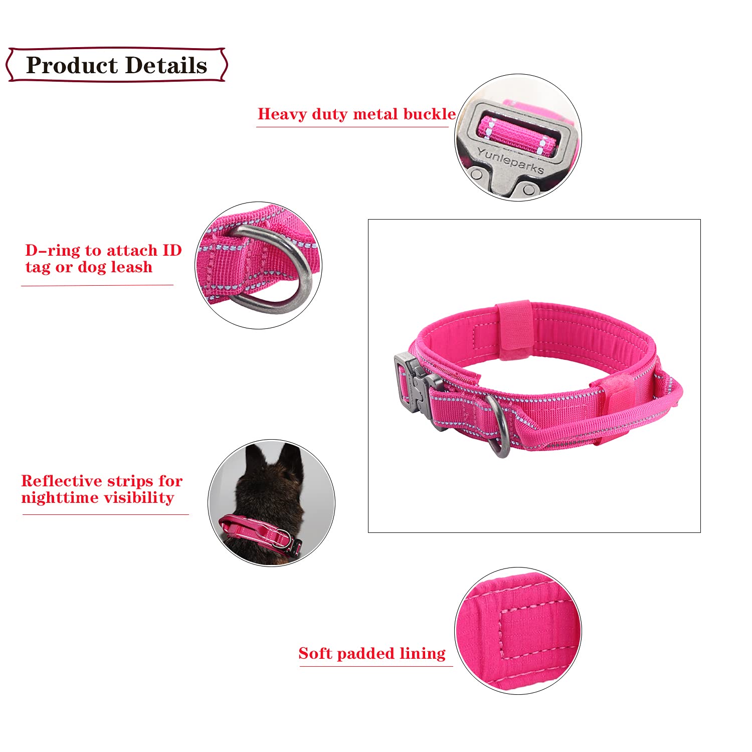 Yunleparks Tactical Dog Collar Reflective Nylon Dog Collar with Metal Buckle and Control Handle for Medium Large Dogs(Large,Pink