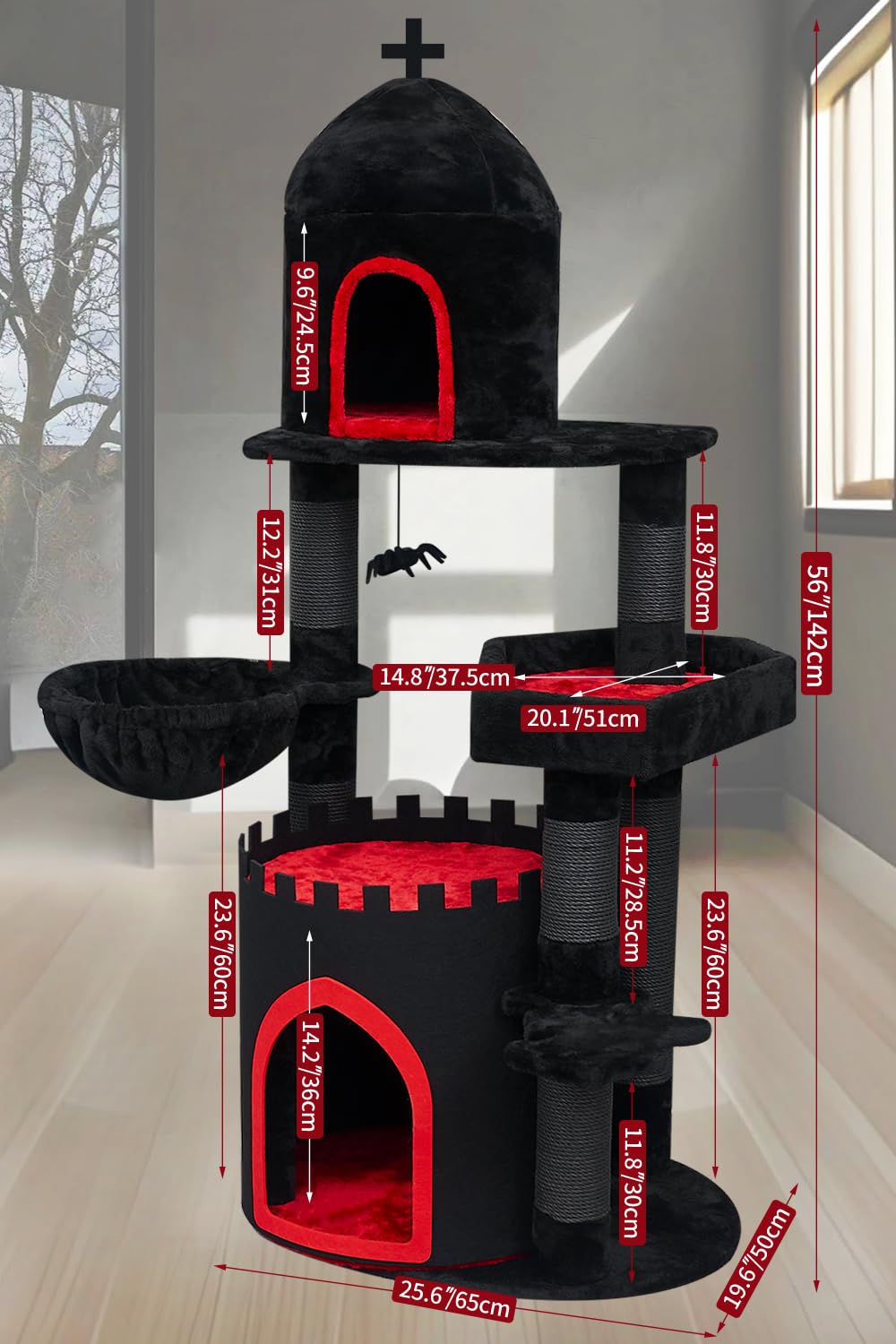 Yaruomy Gothic Cat Tree Castle, 56In Black Cat Tower With Coffin Cat Bed, Spacious Cat Condo For Halloween Cat, Kraft Twine Scra