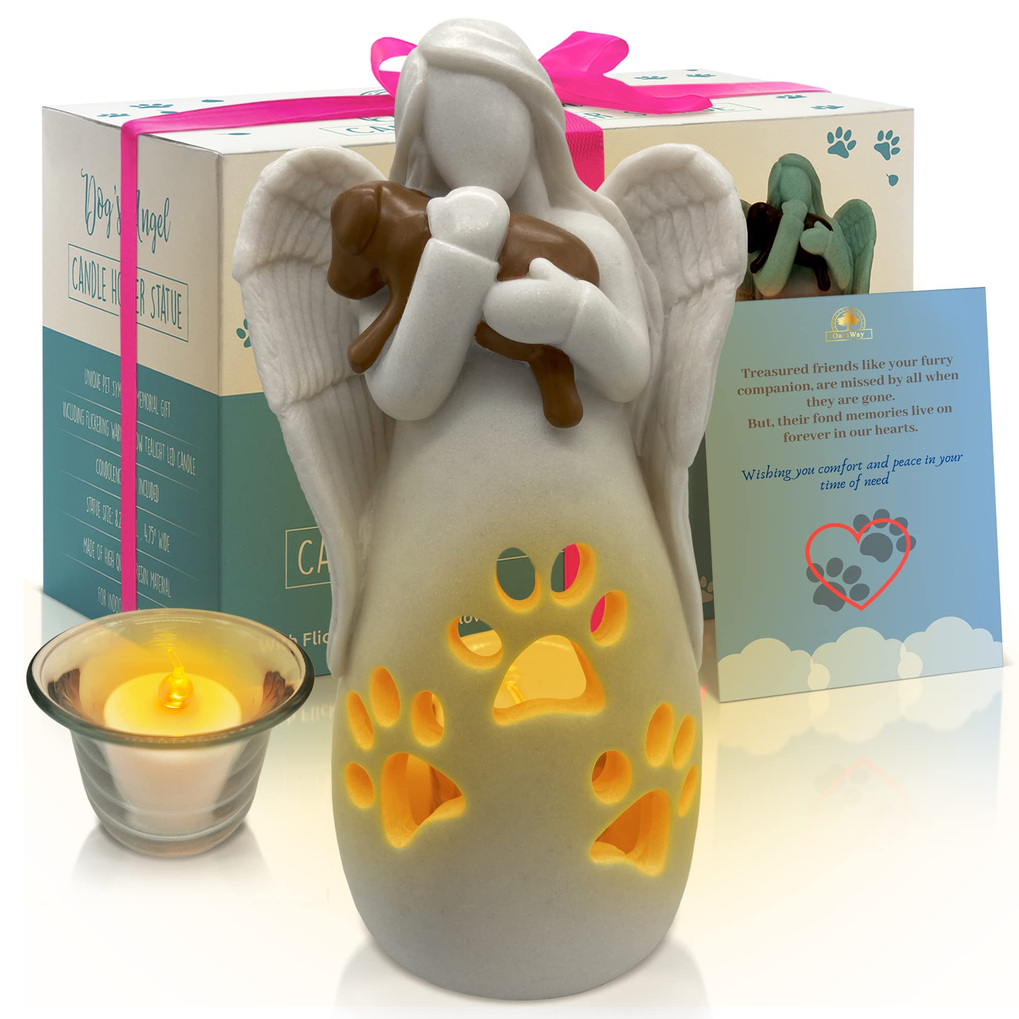 Oakiway Dog Memorial Gifts - Dog'S Angel Candle Holder Statue W/Flickering Led Candle - Pet Loss Gifts, Dog Lovers Gifts For Wom