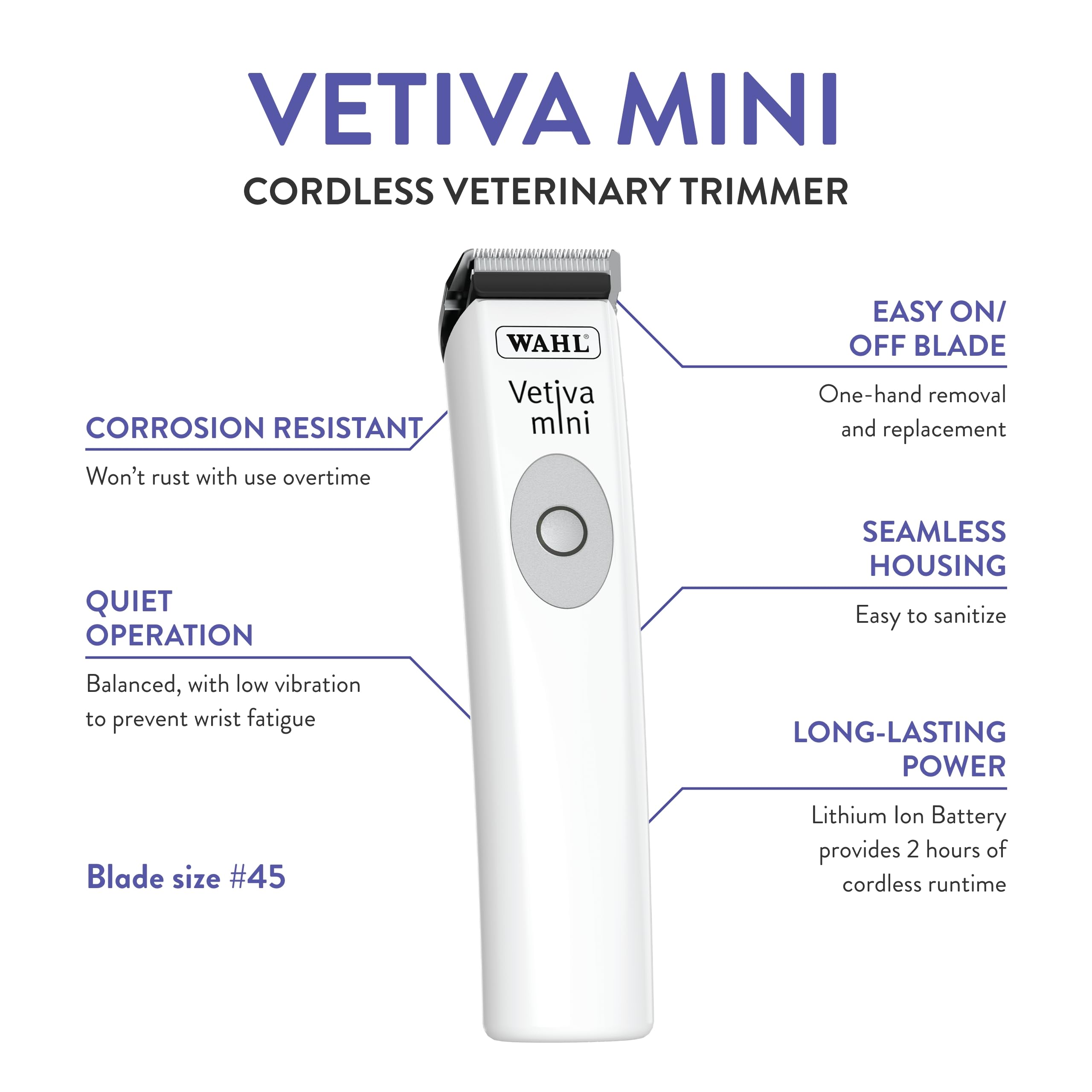 WAHL Professional Vetiva Mini Cordless Pet Trimmer for Dogs & Cats - Veterinary Grade, White, 8.2x6.7x2.7 - Safe & Compact Design