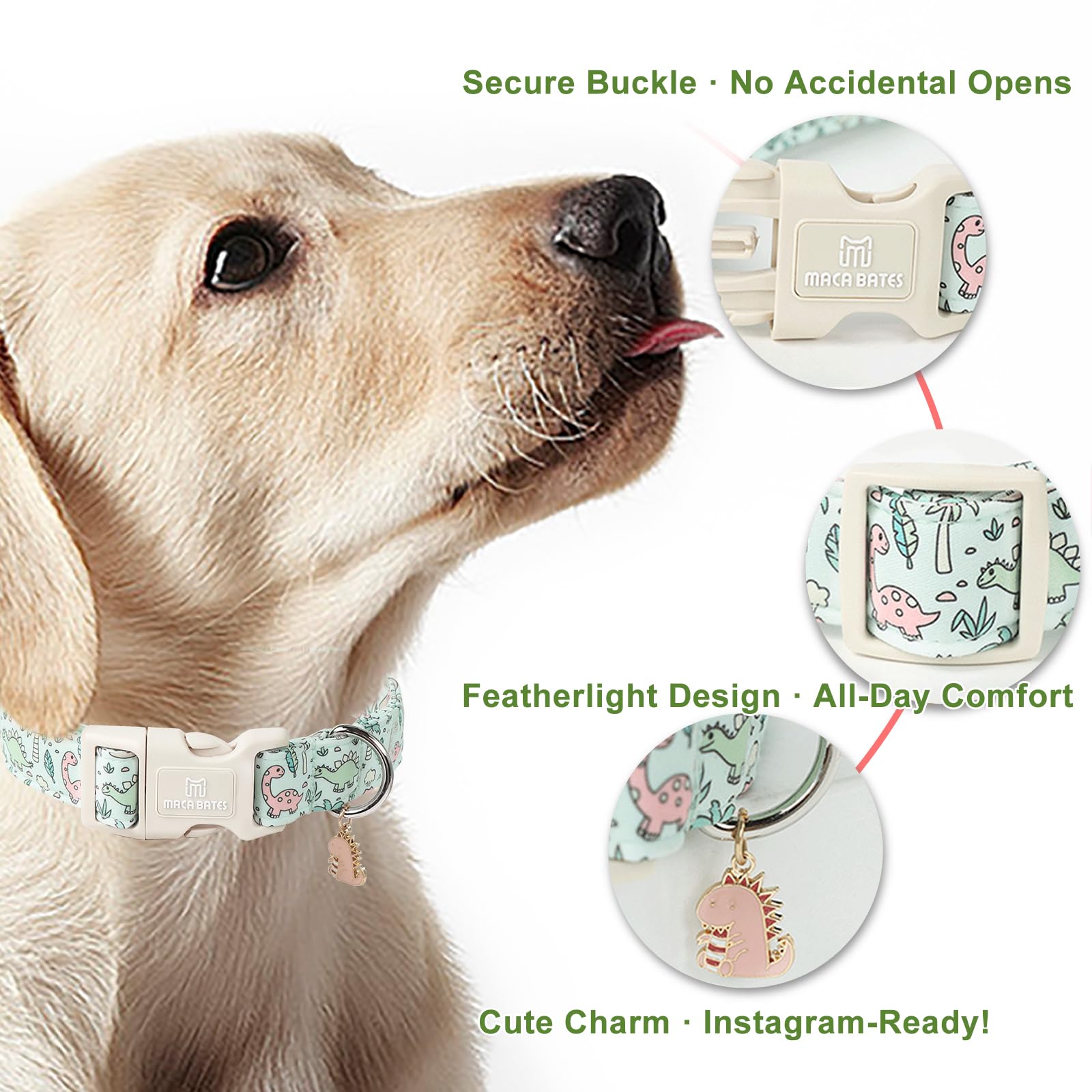 Maca Bates Cute Dinosaur Basic Dog Collar Spring Puppy Collars Durable Soft Adjustable Durable Green Collor Birthday Gift For Xs