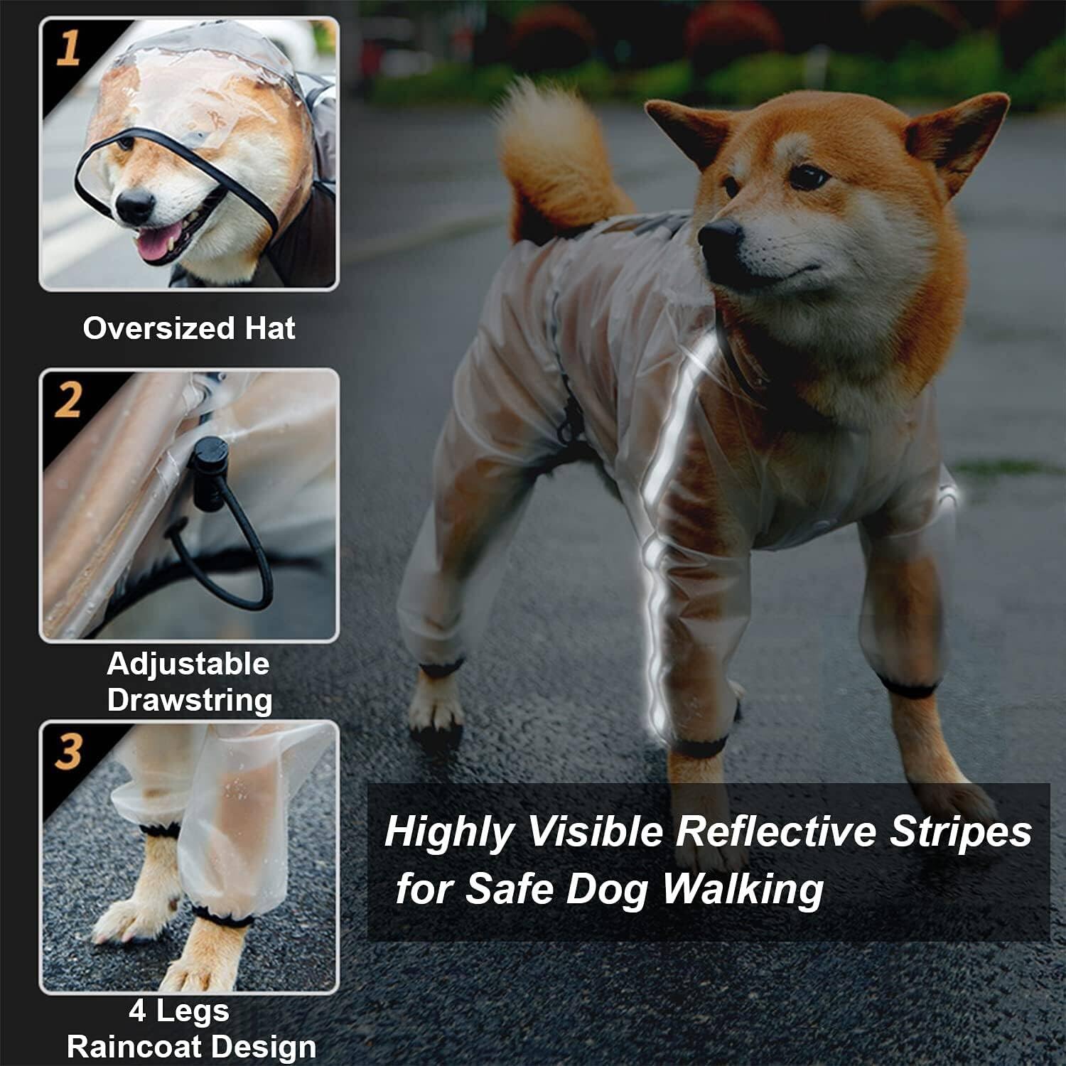 Olsa Dog Raincoat, Dog Hooded Slicker Poncho, 4 Legs Rain Jacket With Reflective Stripe, Transparent Water Proof Resistant Rain