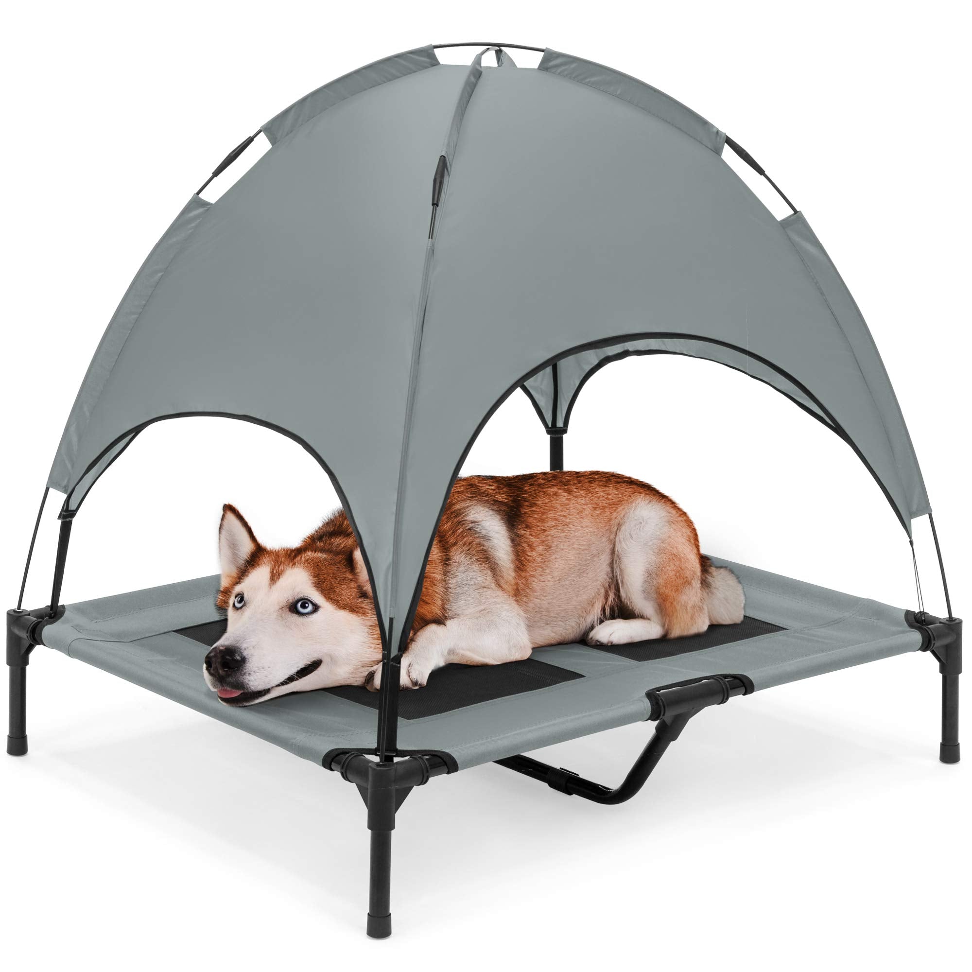 Best Choice Products 36In Elevated Cooling Dog Bed, Outdoor Raised Mesh Pet Cot W/Removable Canopy Shade Tent, Carrying Bag, Breathable Fabric - Gray