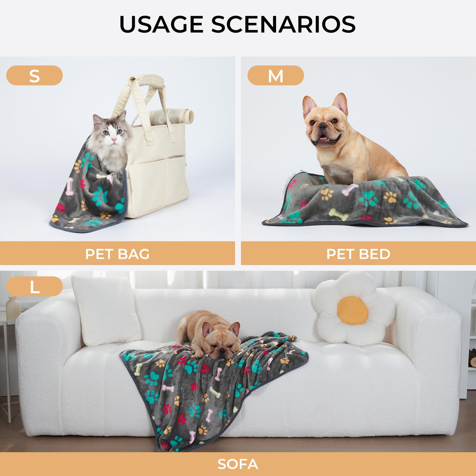 Luciphia 1 Pack 3 Blankets Fluffy Premium Fleece Pet Blanket Flannel Paw Bone Printed Throw for Dog Cat(Small 23x16, Grey)