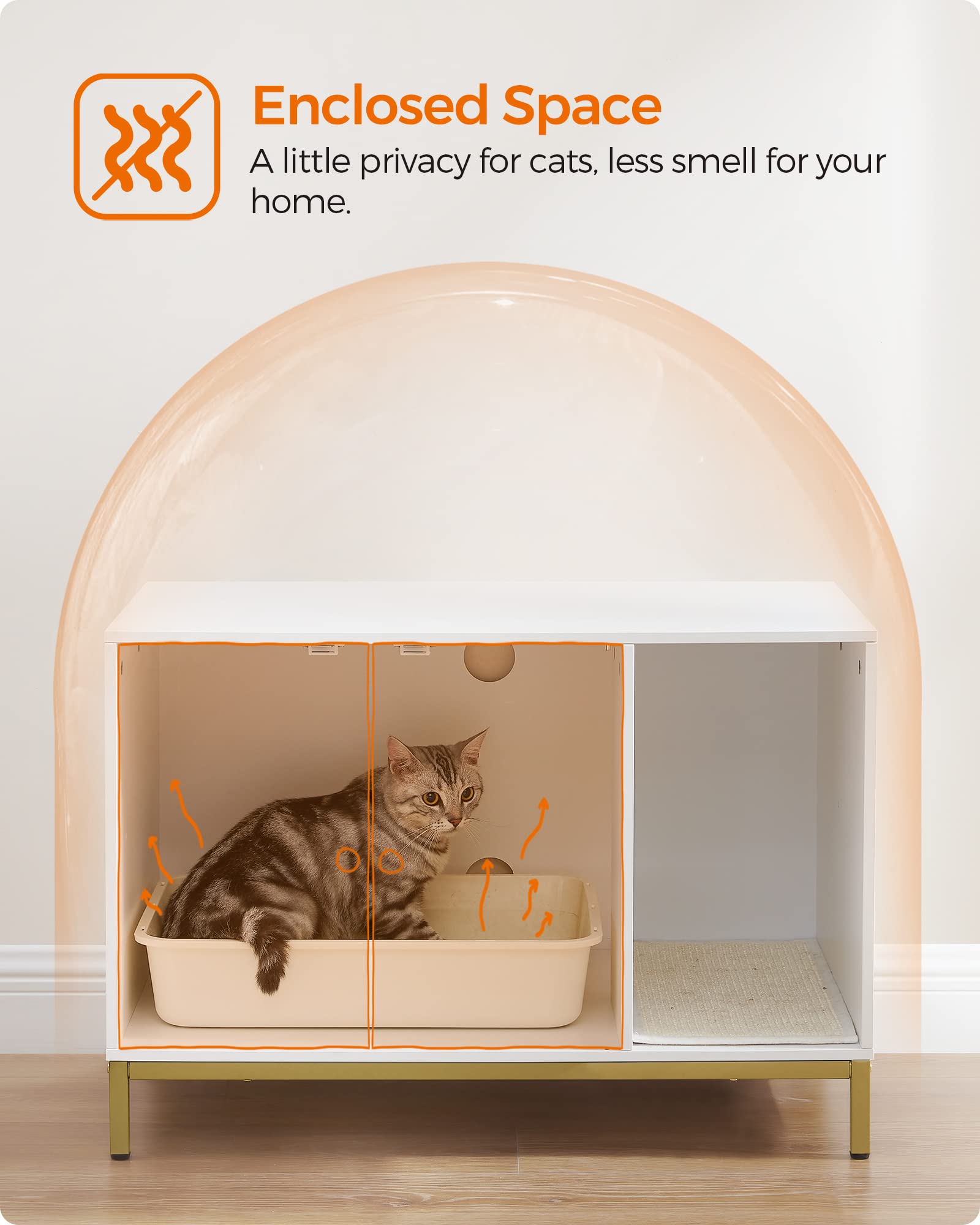Feandrea Litter Box Enclosure, Modern Cat Litter Box Furniture With Scratching Mat, Cat House For Indoor Cats, Side End Table, 31.5 X 19.7 X 21.7 Inches, Simply White And Metallic Gold Upcl007W01