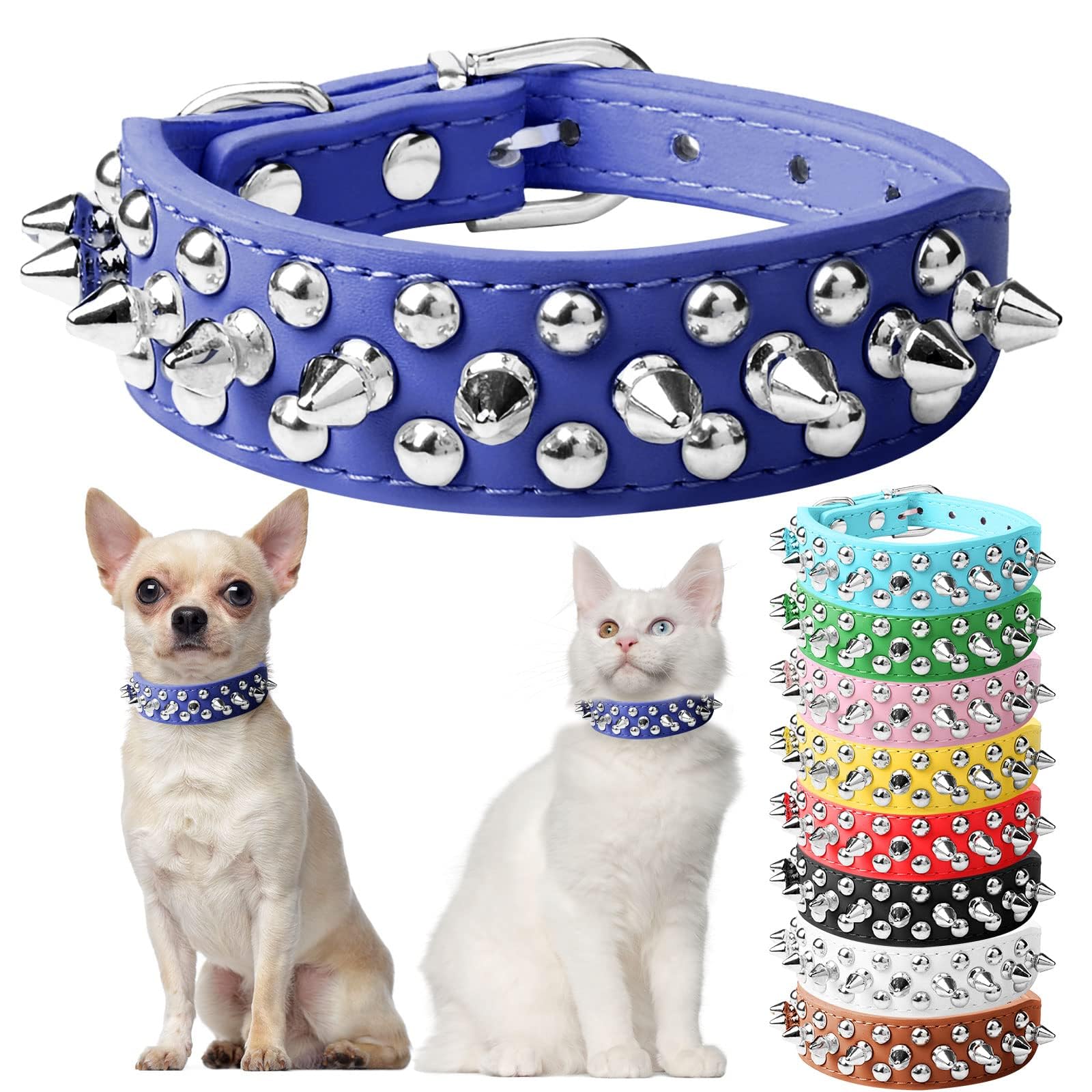 Doggyzstyle Small Spiked Blue Dog Cat Collar For Small Medium Dogs Boy Male - Adjustable Studded Puppy Collars - Soft Padded Pun