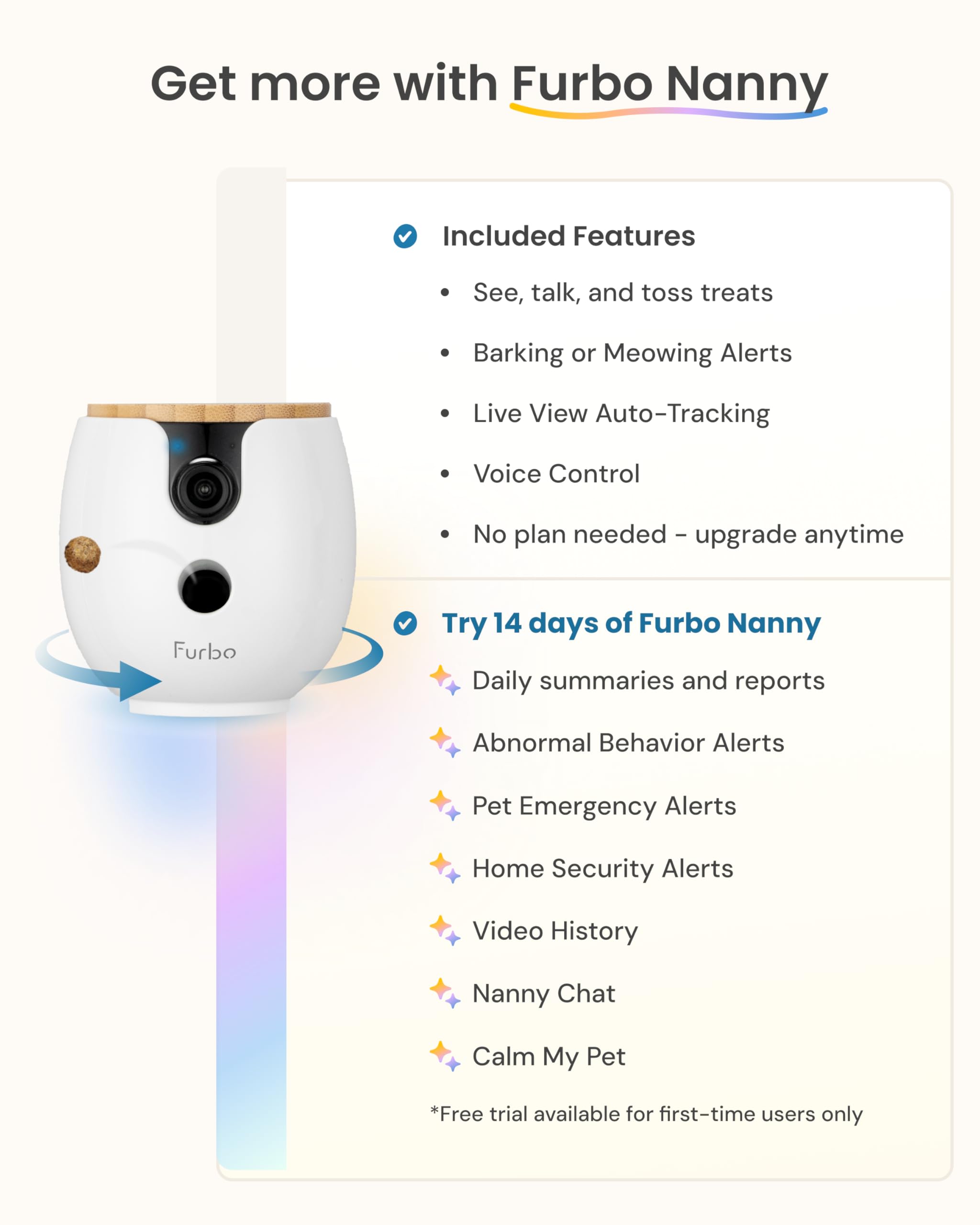 Furbo Mini 360 [New] 2K QHD Pet Camera: Dog & Cat Rotating Treat Dispenser w/Phone App, Smart Indoor Cam with 2-Way Speaker & Ni