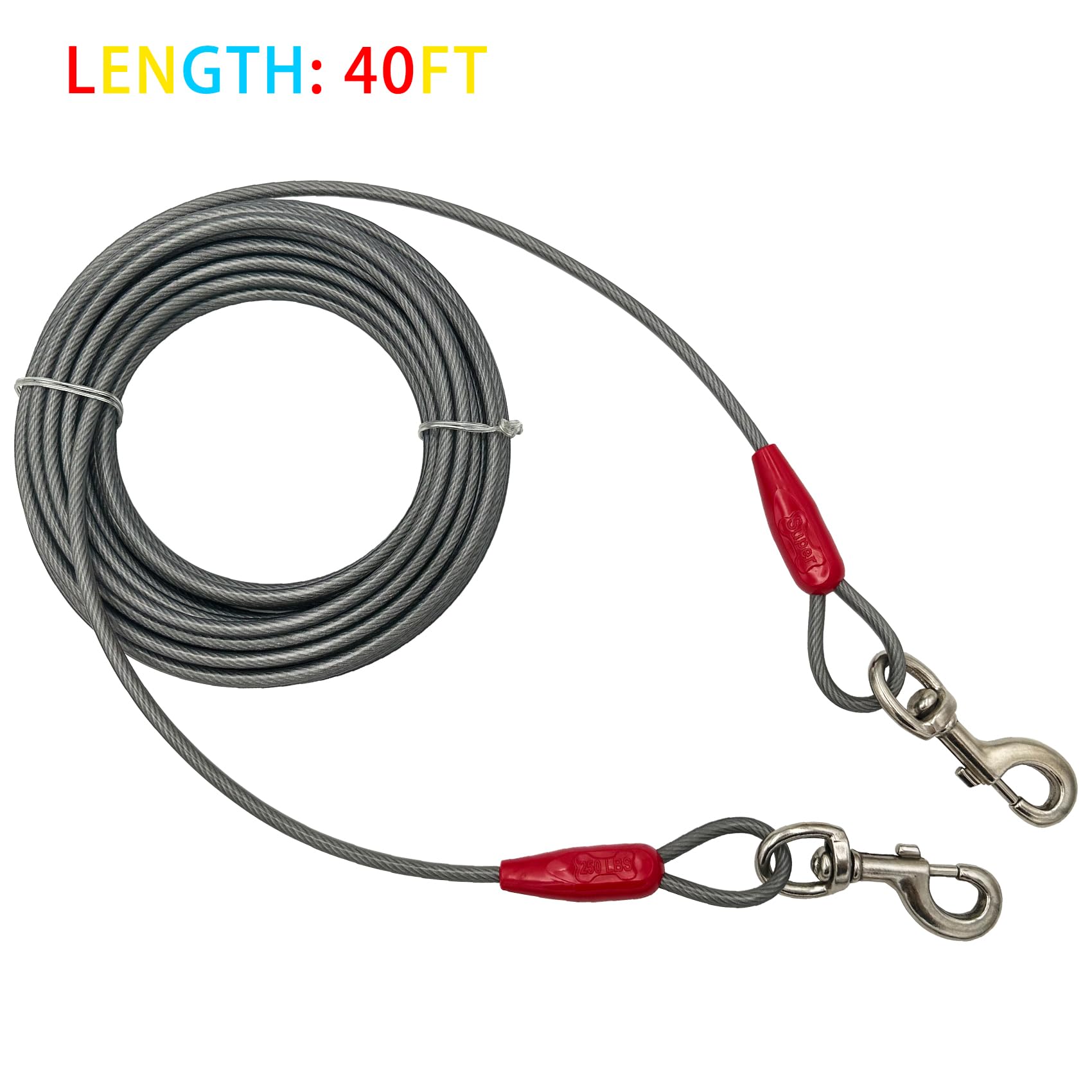 Petest 40Ft Tie-Out Cable With Crimp Cover For Super Dogs Up To 250 Pounds