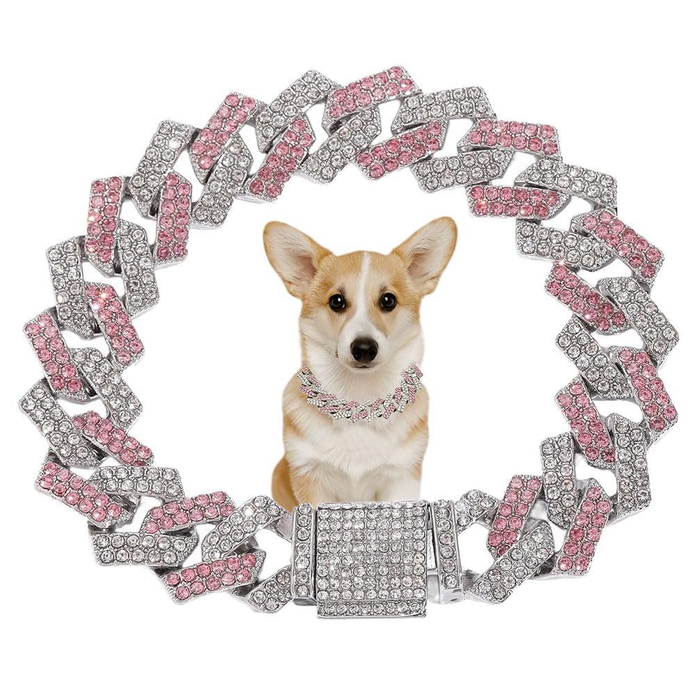 Pink Chain Cat Collar, Bling Diamond Cuban Link Puppy Collars Glitter Chain Rhinestone Dog Necklace For Small Medium Large Pet D
