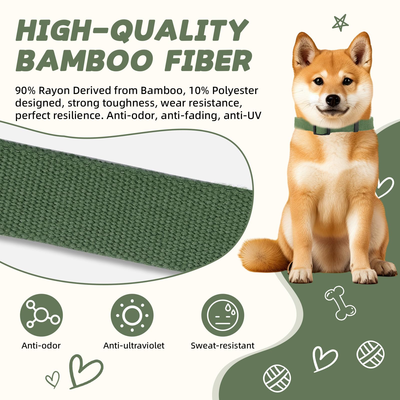 Pawhuggies Olive Green Dog Collar And Leash Set For Small Dogs, Bamboo And Polyester Adjustable Set, 4 Ft Leash