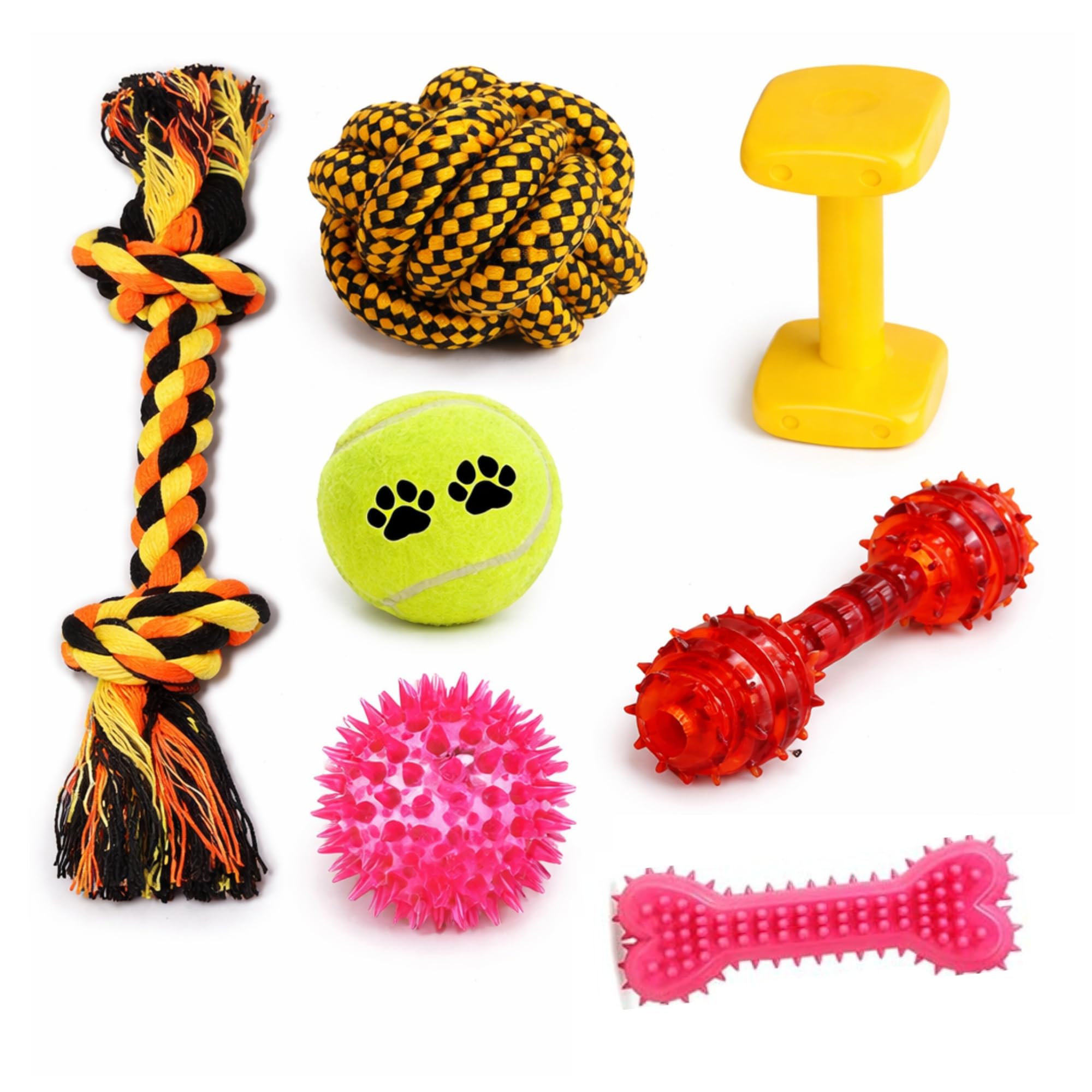 Kittupet Cotton Dog Toys For Small & Medium Dogs  Tennis Balls + Spike Dumbell + 2 Knot Rope + Rope Ball + Plastic Dumbly + Spi