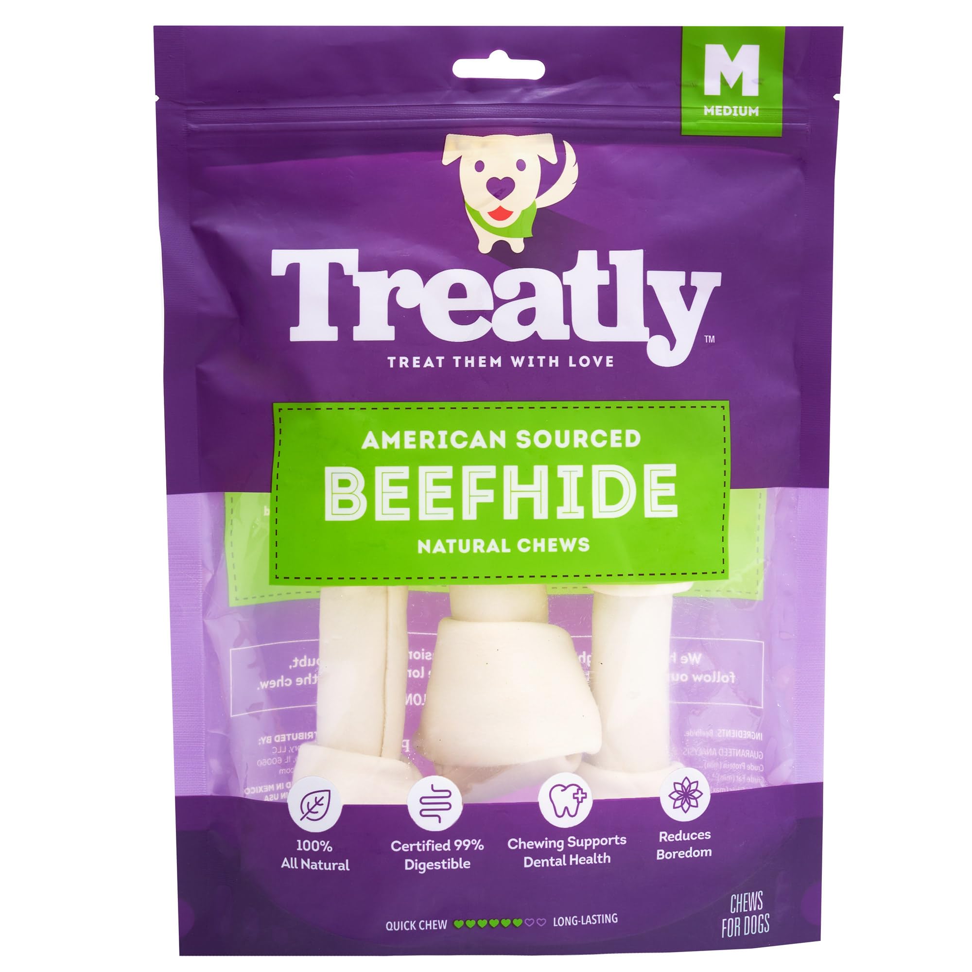 Treatly American Sourced Beefhide Bones 6-7 Dog Chew Treats - Natural Flavor, 3 Count/1 Pack