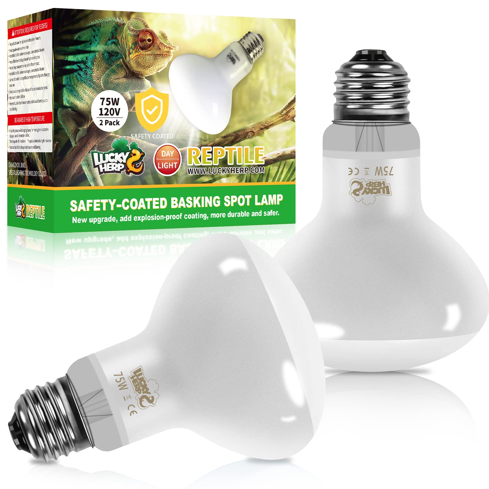 LUCKY HERP New Upgrade 75W Reptile Heat Lamp Bulb (3rd Gen, Safer), Amphibian Basking Spot Light Bulb, UVA Reptile Daylight Bulb