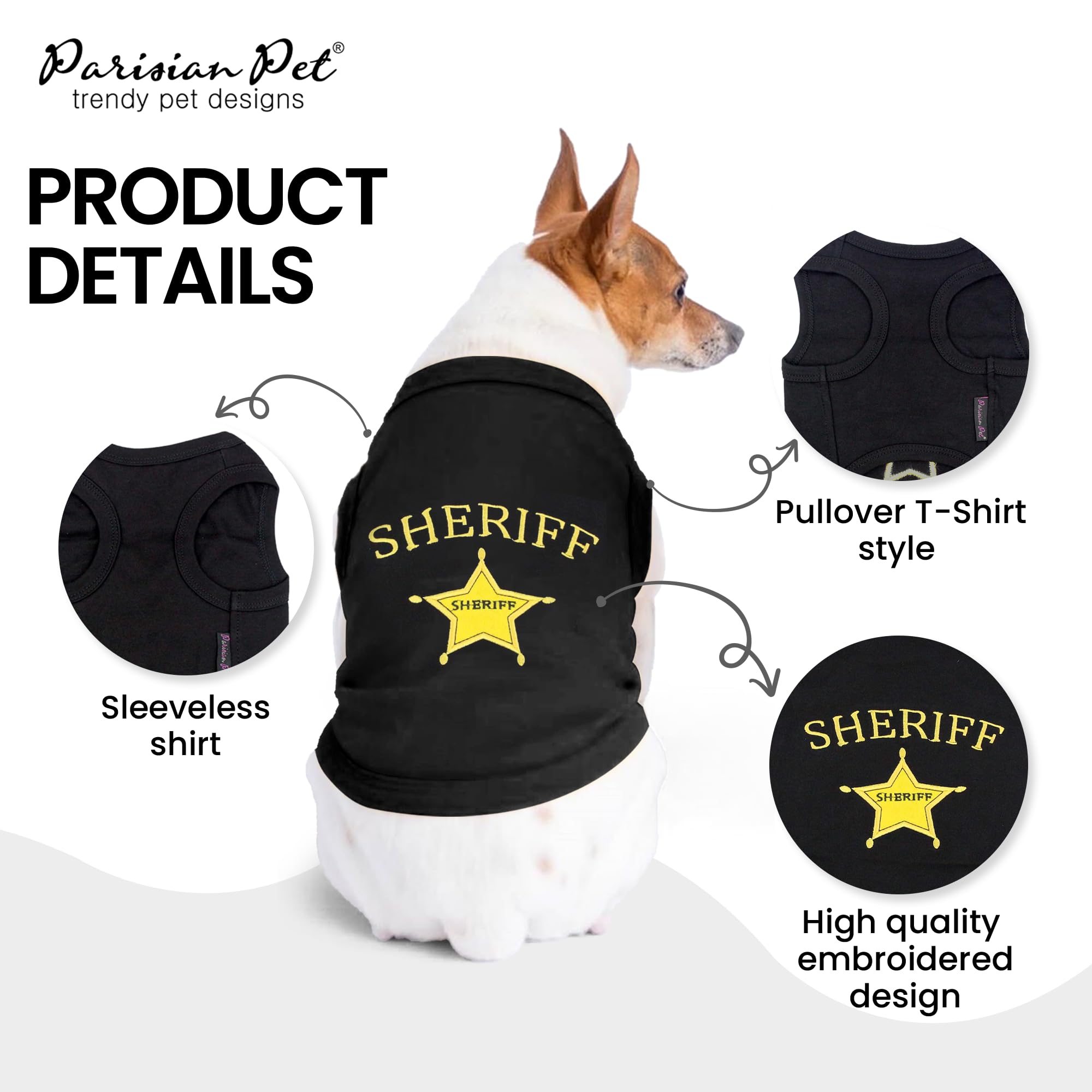 Parisian Pet Dog Tshirt - Embroidered “ Sheriff “ Dog Shirt - Lightweight And Skin Friendly Dog Clothes - Sleeveless Dog Tee Shirts - Machine Washable Dog Shirt For Large Dogs - 2Xl