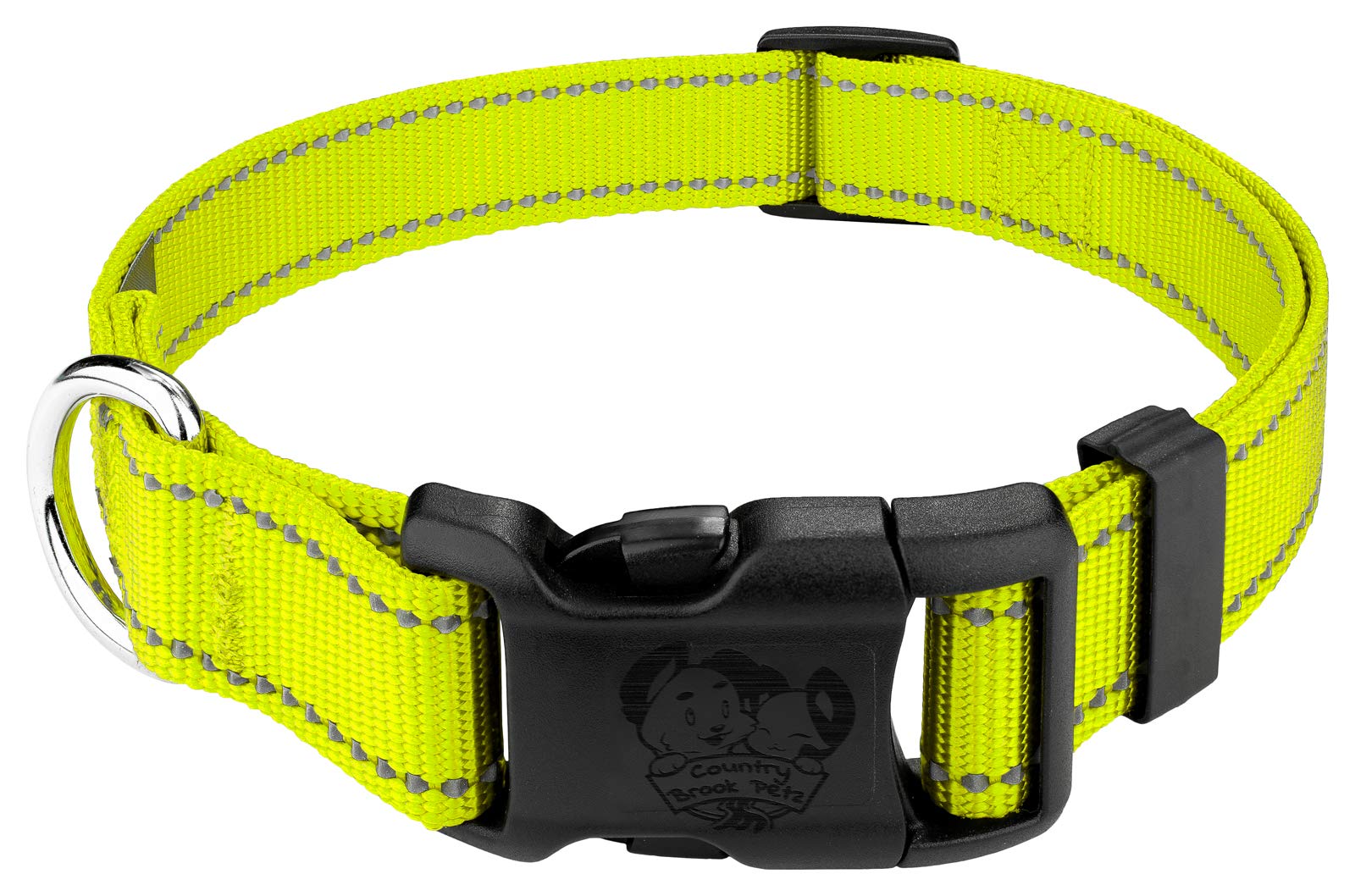 Country Brook Petz - 3/4 Inch Deluxe Hot Yellow Reflective Nylon Dog Collar - Medium