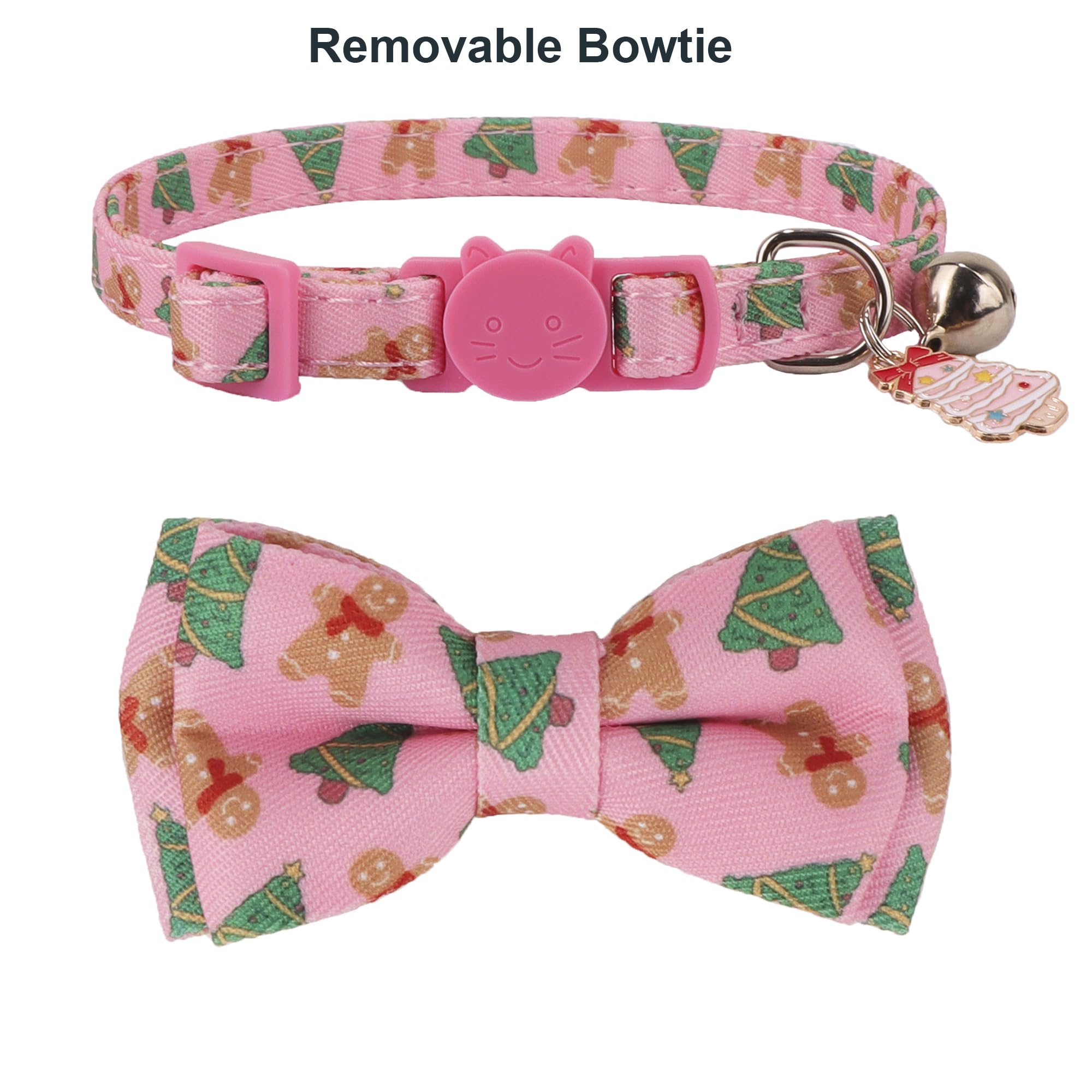 Adoggygo Pink Christmas Cat Collar With Bowtie Bandana, Kitten Bandana Collar, Pet Christmas Collars