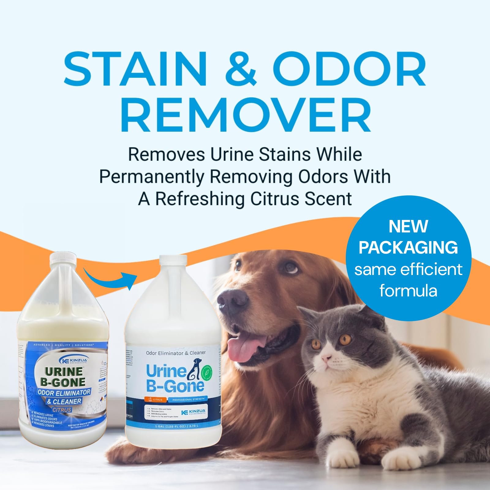 KINZUA ENVIRONMENTAL Urine B-Gone Enzyme Odor Eliminator, 1 Gallon, Citrus Scent, Effective for Pets & Laundry