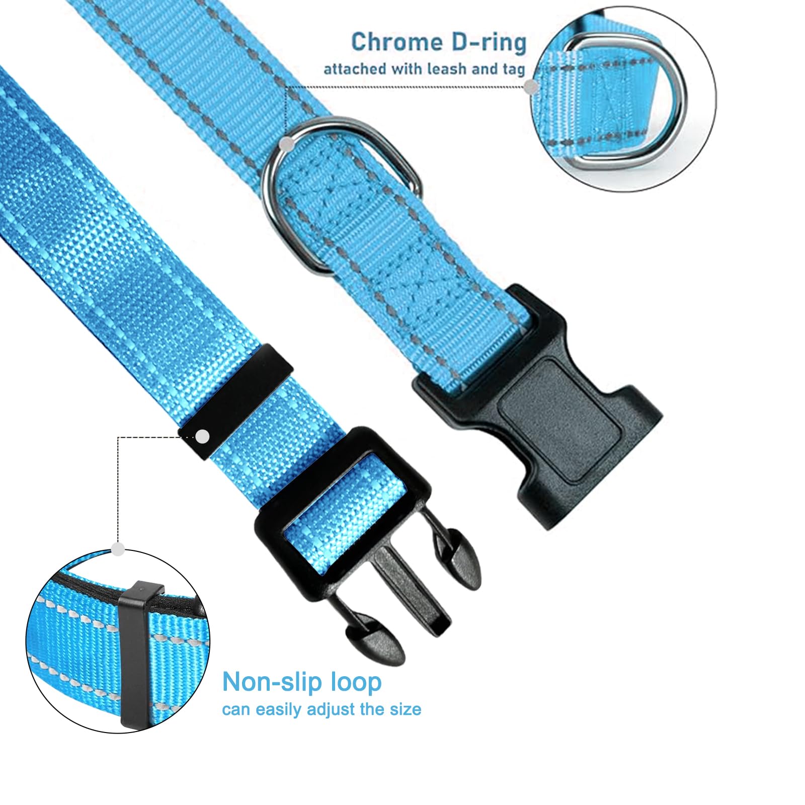 Blue Dog Collar, Reflective Pet Collar with Buckle Adjustable Safety Nylon Collars for Small Medium Large Dogs, XXL