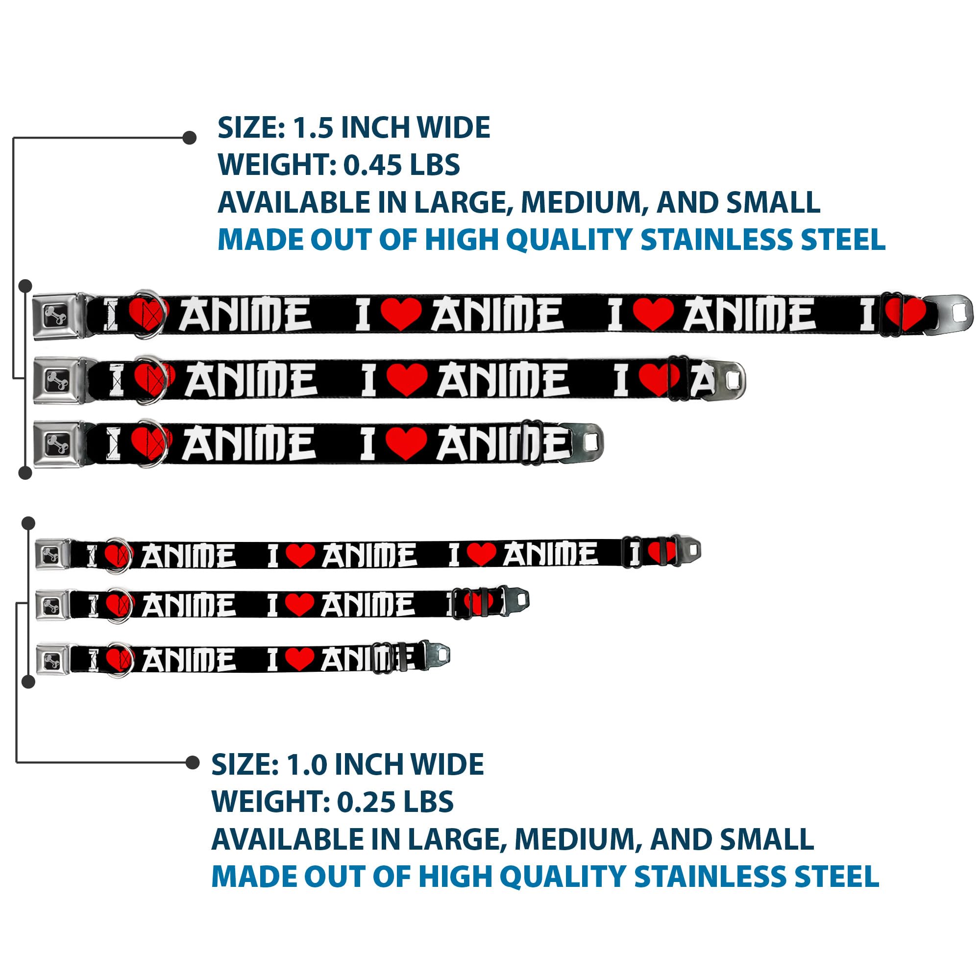 Buckle-Down Dog Collar Seatbelt Buckle I Heart Anime Bold Black White Red Available In Adjustable Sizes For Small Medium Large D