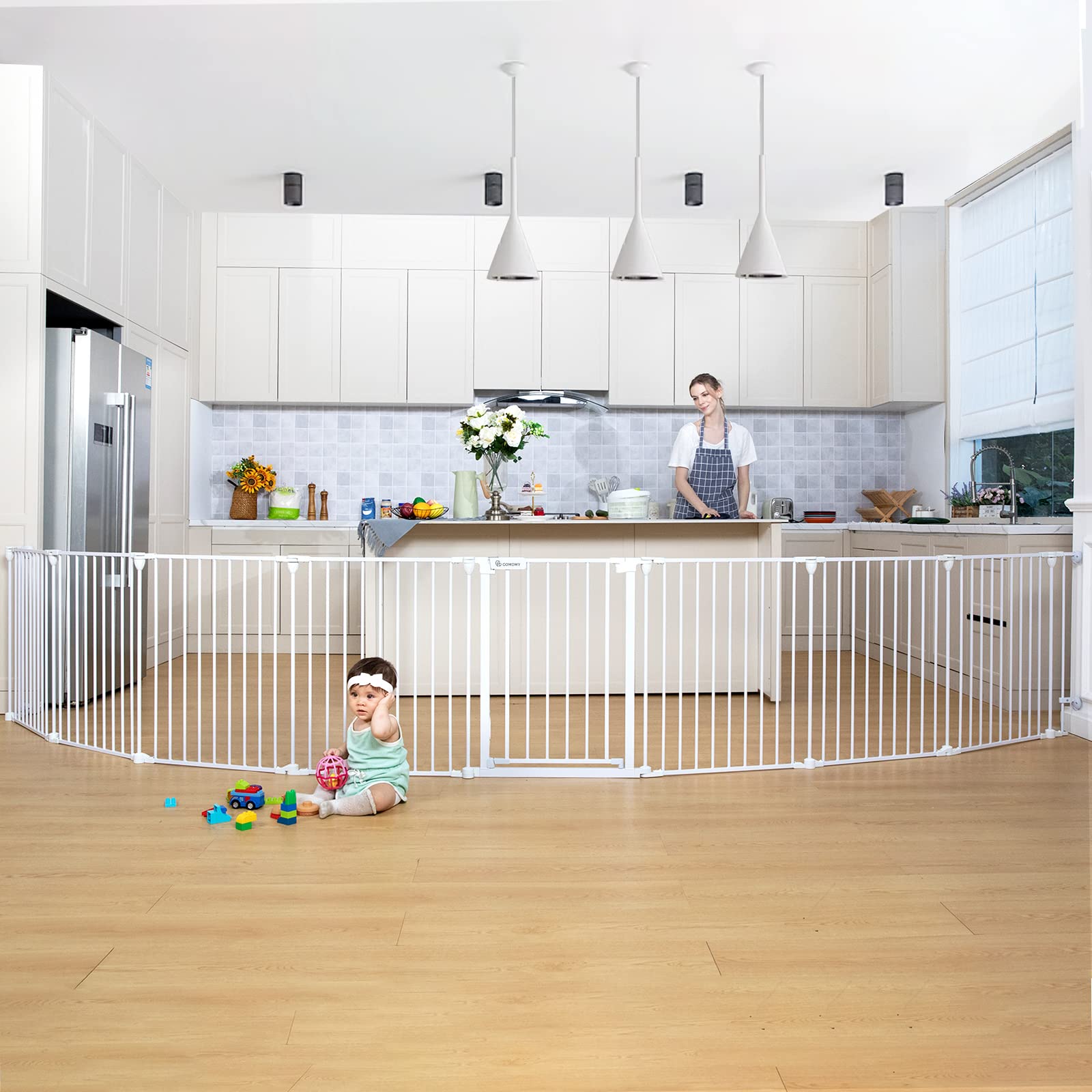 COMOMY 198 Baby Gate Extra Wide, Dog Gate Pet Gate for House Stairs Doorways Fireplace, Adjustable 3 in 1 Play Yard Child Safety