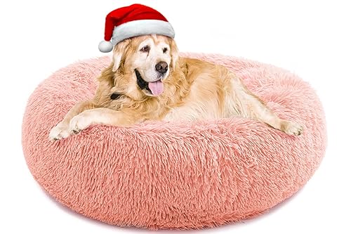 Calming Dog Bed For Large Dogs, Anti Anxiety Dog Bed, Round Dog Bed, Plush Faux Fur Dog Bed, Fluffy Dog Bed, Soft Cozy Pet Bed, Machine Washable, 30X30Inch Pink