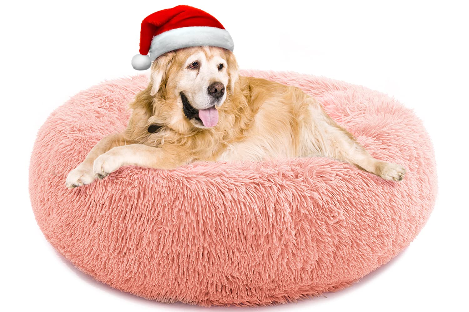 Calming Dog Bed For Large Dogs, Anti Anxiety Dog Bed, Round Dog Bed, Plush Faux Fur Dog Bed, Fluffy Dog Bed, Soft Cozy Pet Bed, Machine Washable, 30X30Inch Pink