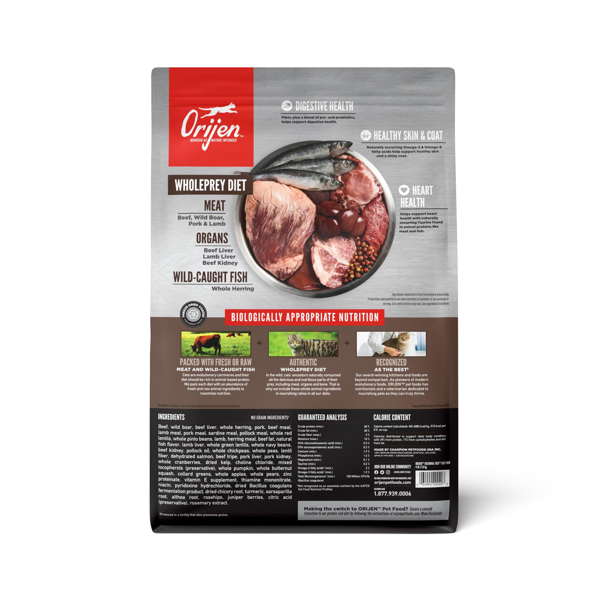 ORIJEN Regional RED Grain-Free Dry Cat Food, WholePrey Ingredients, 4lb, Brown
