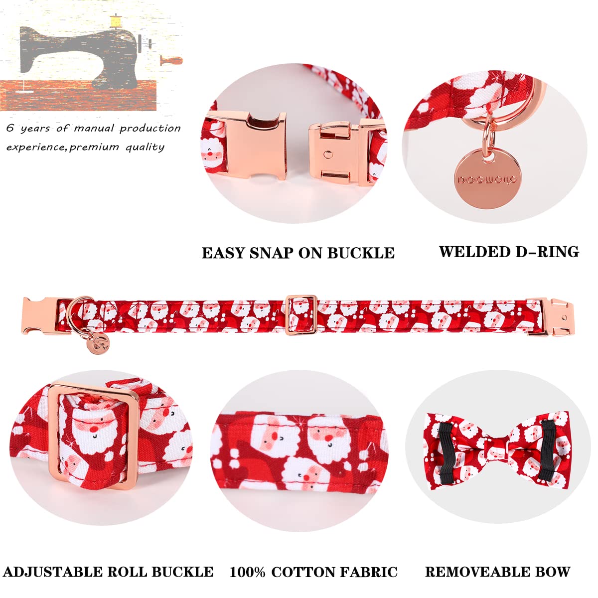 Dogwong Christmas Dog Collar With Bow Tie, Red Santa Claus Dog Collar Soft Durable Adjustable Cotton Puppy Collar For Small Medi