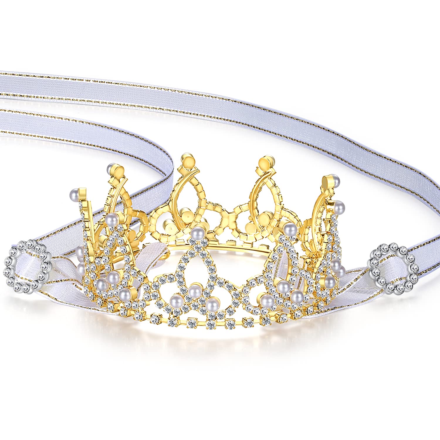 Lovelyshop Pet Series Gold Plated Royal Rhinestone Pearl Full Round Dog/Cat Crown For Rolyal Family Costume Hair Accessories-Xsm