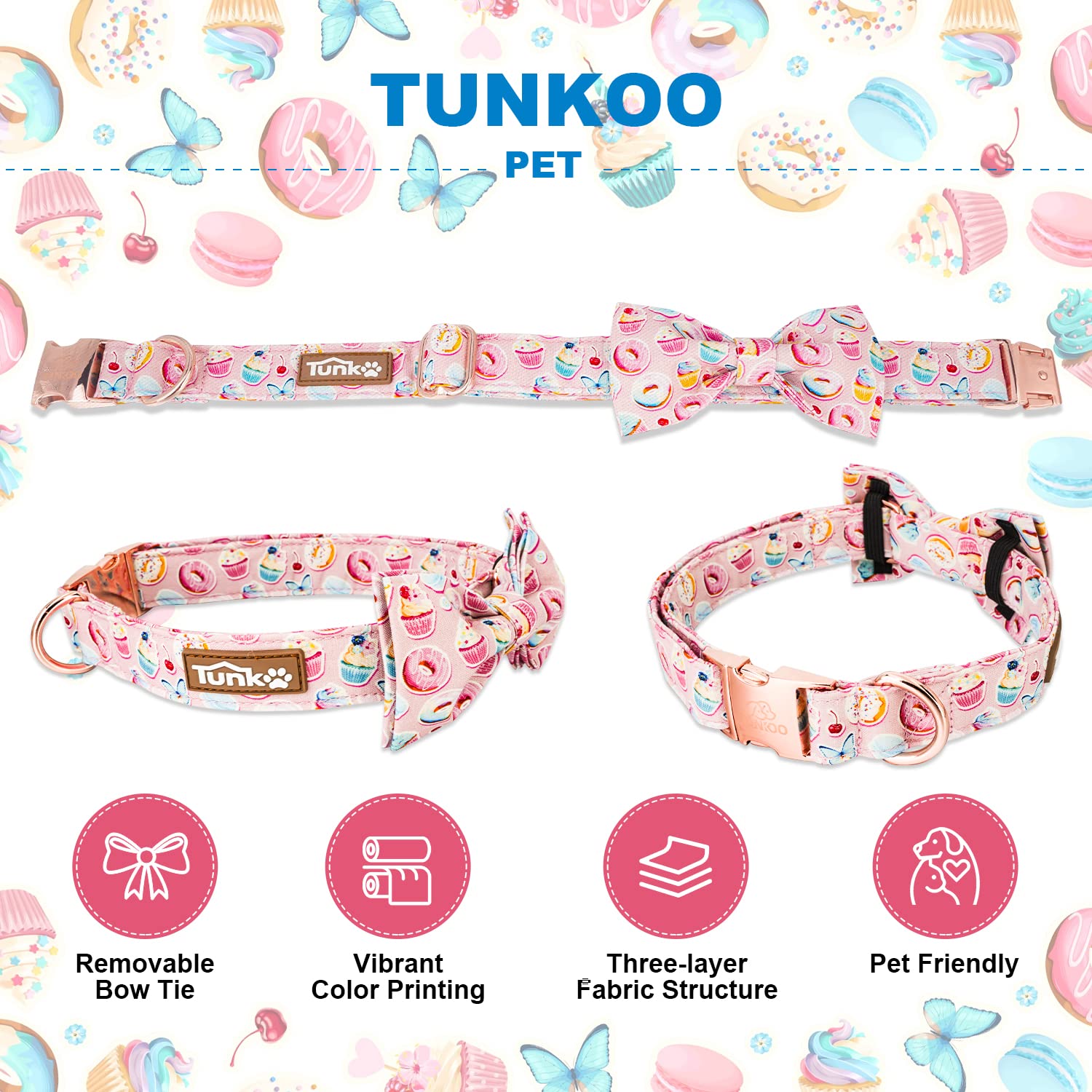 Tunkoo Pink Dog Collar With Bow Tie Cute Cake - Durable, Adjustable, And Stylish Pet Collar Available In Small Medium Large L