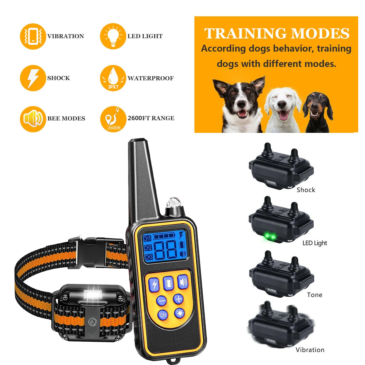 Heaflex Dog Shock Collar With Remote, Dog Training Electric Collar, Waterproof Rechargeable, 1640Ft Dog Shock Collar With Led Light, Beep, Vibration, Shock For Medium/Large 3 Electronic Collars Dogs