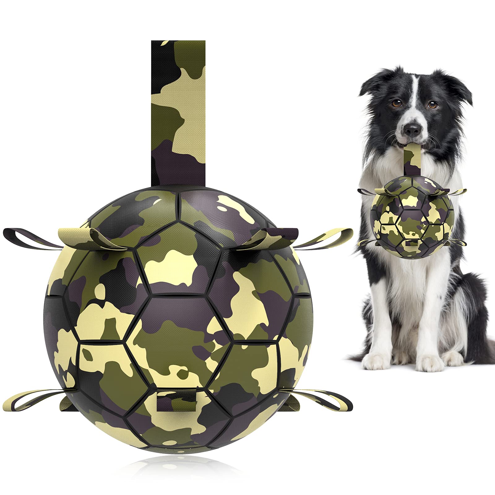 Qdan Dog Toys Soccer Ball, Interactive Dog Toys For Tug Of War, Dog Tug Toy, Dog Water Toy, Durable Dog Balls For Medium & Large Dogs-Camouflage(8 Inch)