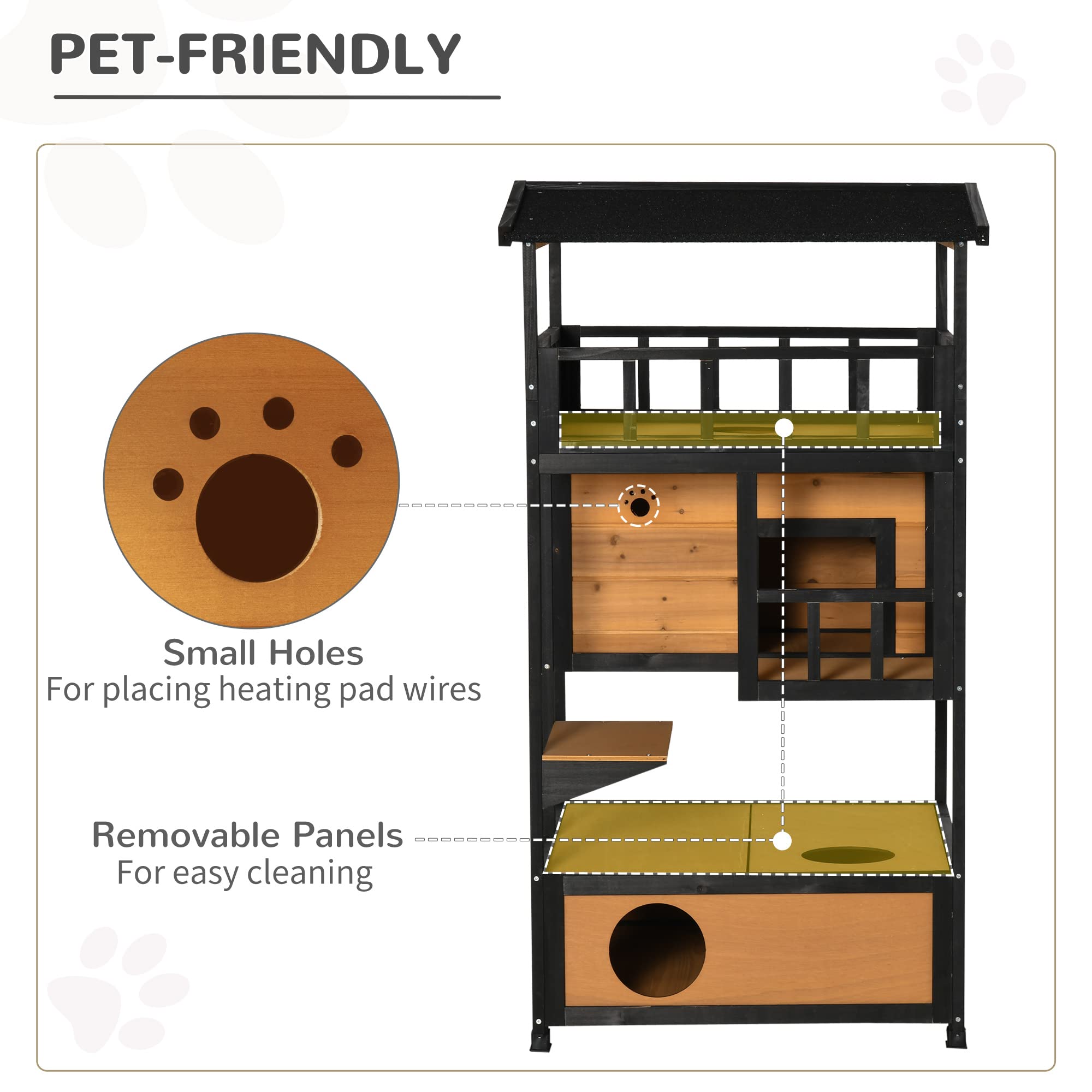 Pawhut Wooden Outdoor Cat House, Feral Cat Shelter Kitten Condo With Asphalt Roof, Escape Doors, Condo, Jumping Platform, Yellow