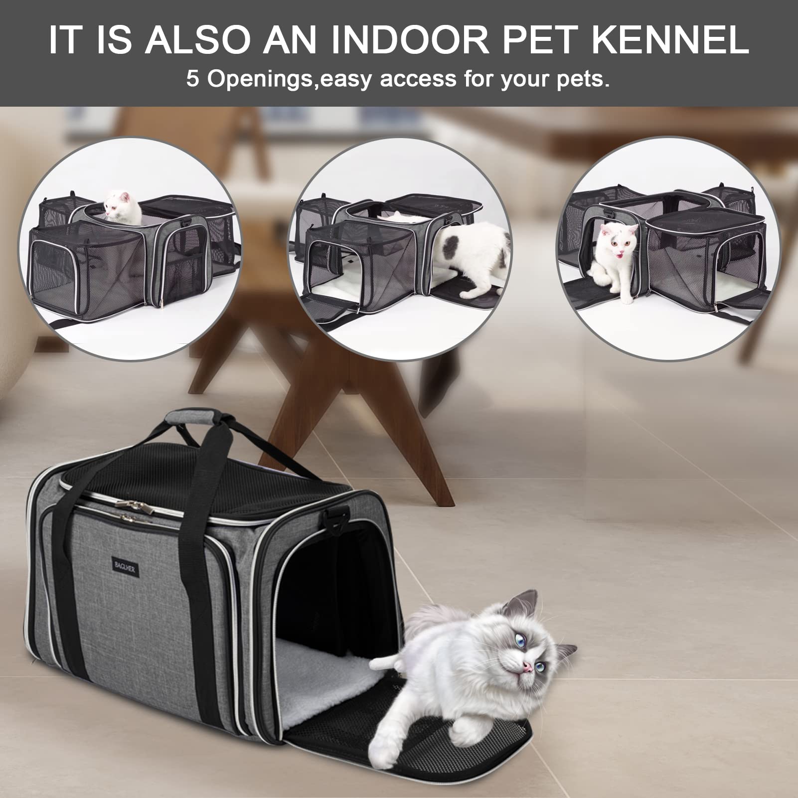 BAGLHER Cat Carrier Bag,Airline Approved Pet Carrier Soft Side Pet Travel 5 Sides Open Doors 3 Sides Expandable Foldable Dog Car