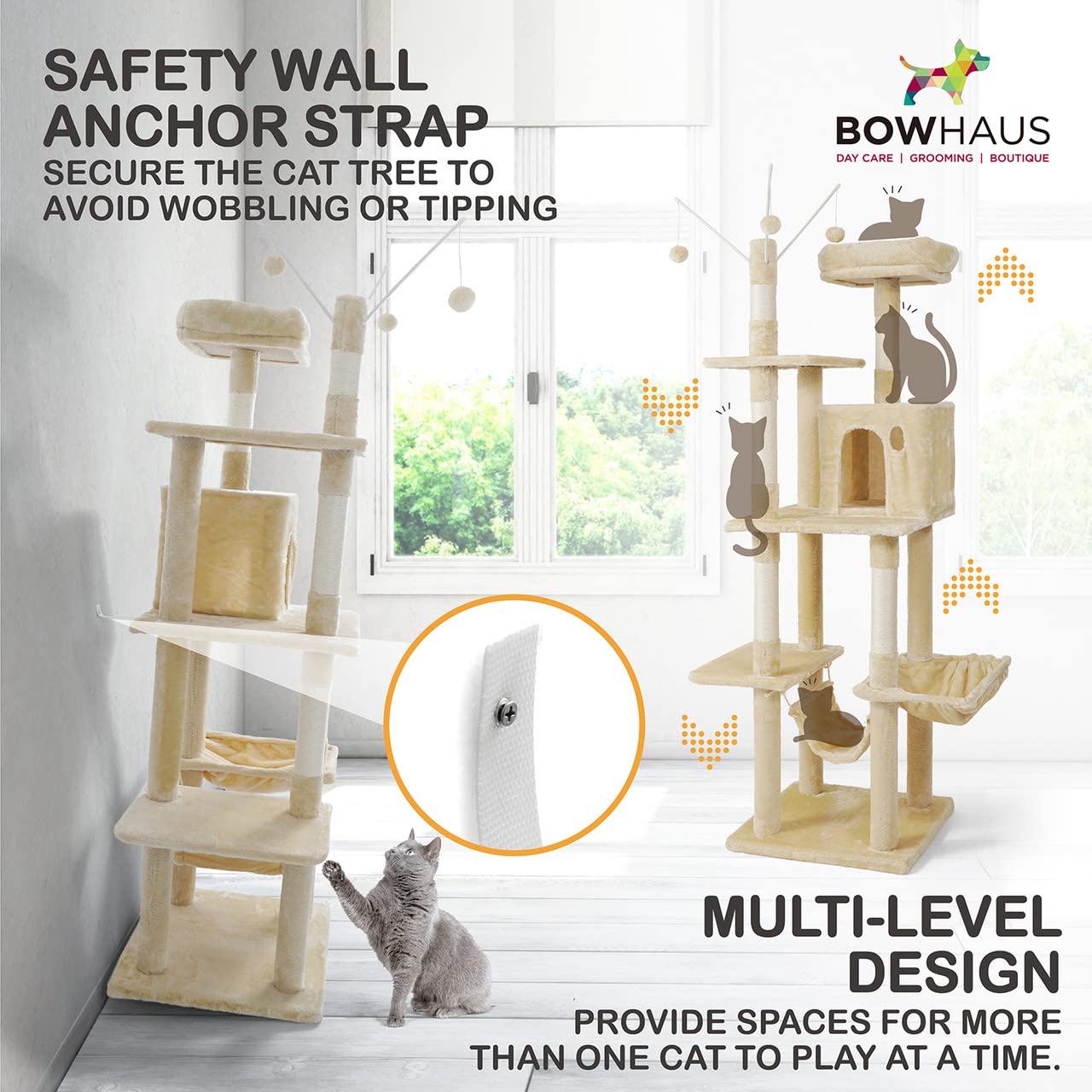 Bowhaus Tall Cat Tree For Indoor Large Cats Or Kittens, Multi-Level Cat Activity Tree With Scratching Posts, Hammock, Cat Cave Condo, Modern Cute Small Cat Climbing Tower With Widened Perch