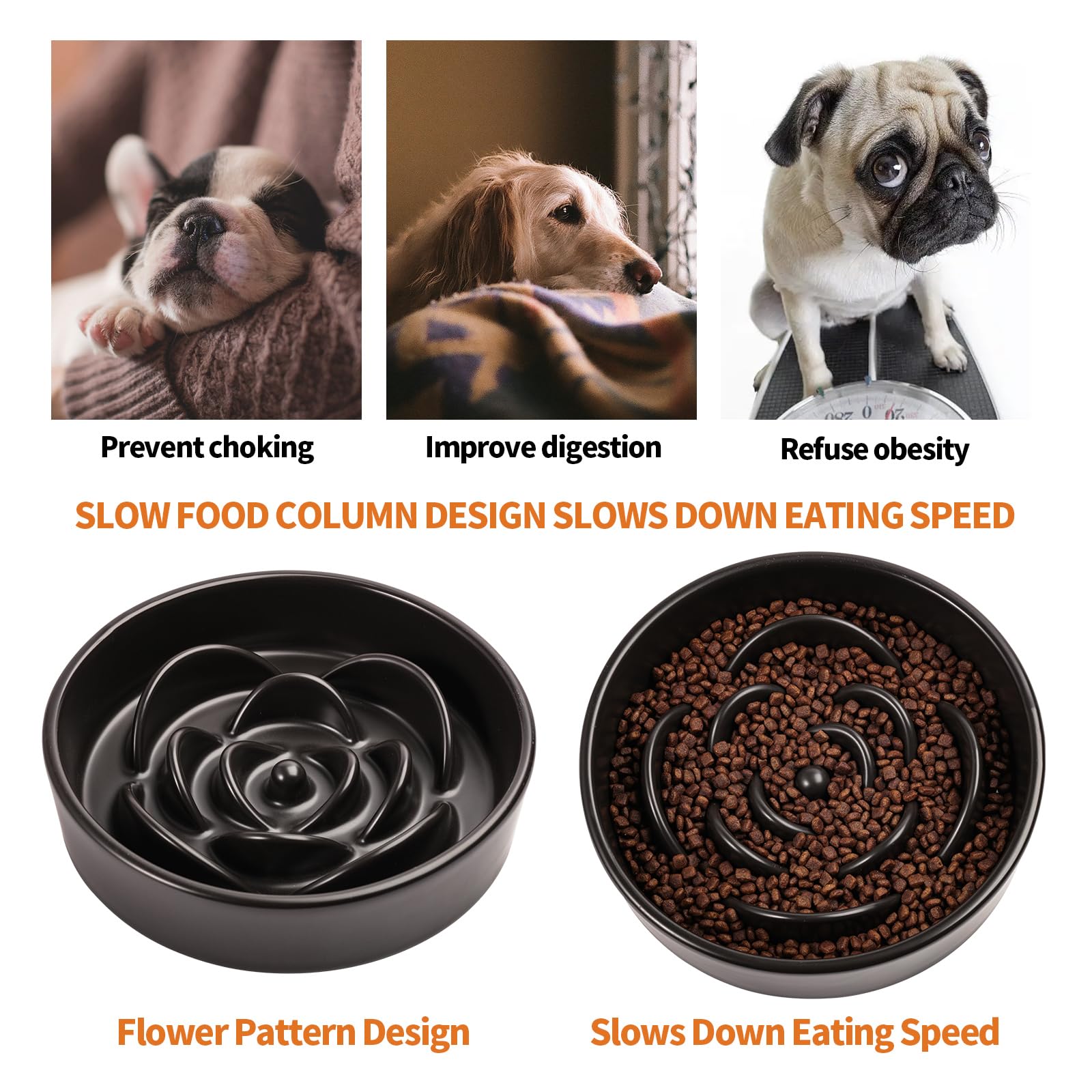 8.26 in Black Ceramic Slow Feeder Dog Bowl for Medium and Large Breed,Pet Feeding Dog Food Water Dish Heavy Weighted,Puppy Bowl