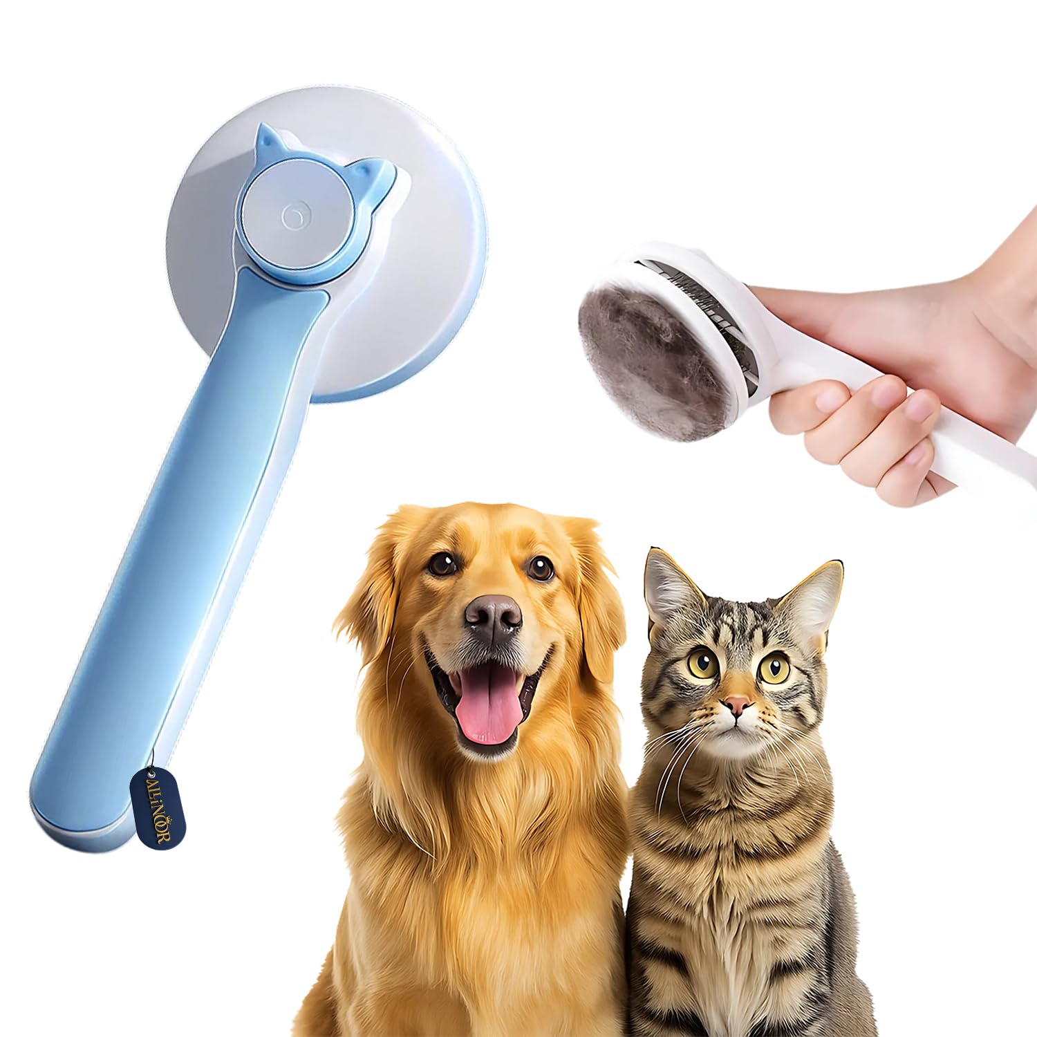 Allinoor SelfCleaning Round Grooming Brush | Elegant Rear Button Hair Removal Comb For Cats & Dogs | Sleek Design With Soft Ste